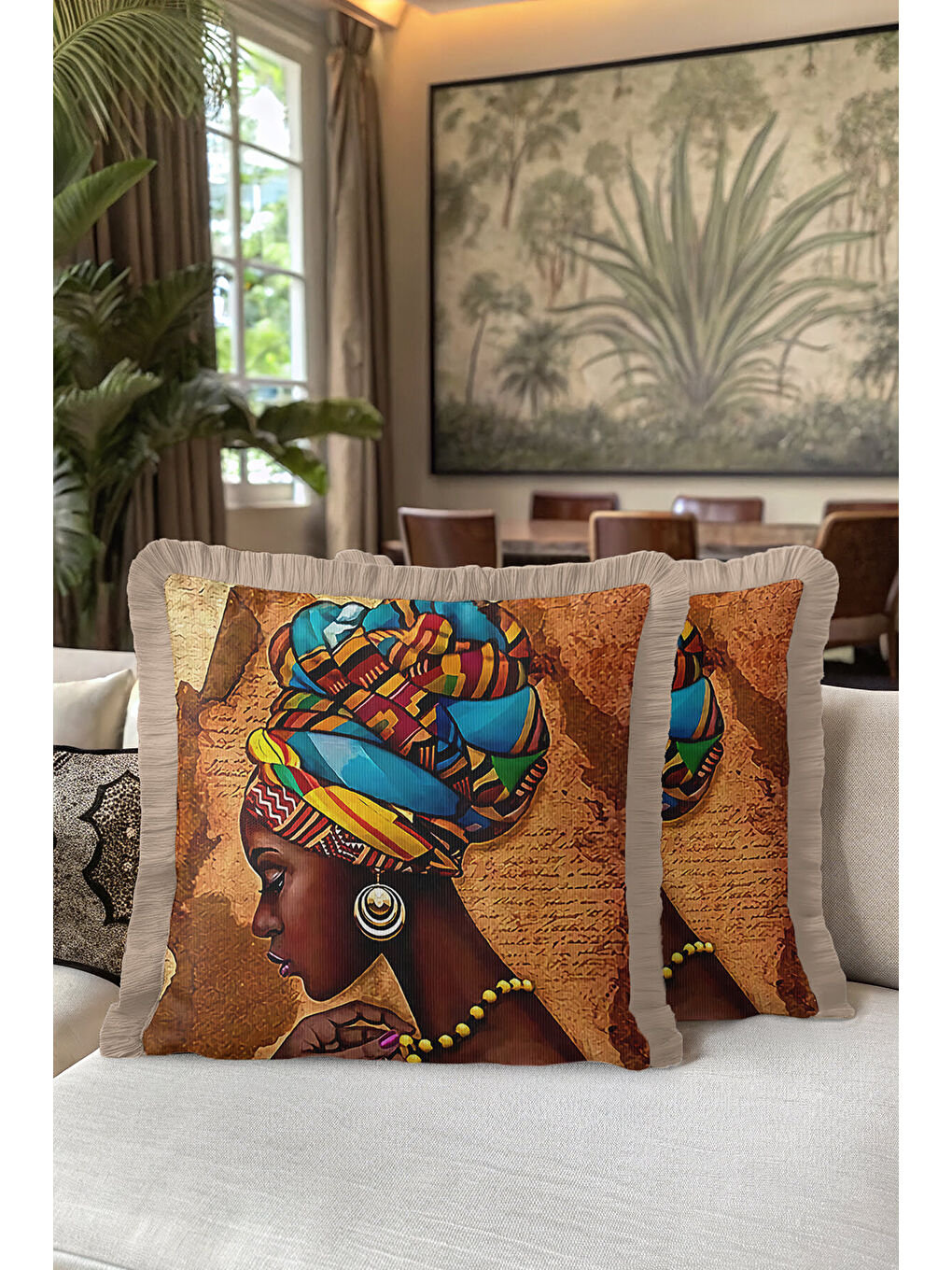 Karışık Afrika Esintili Etnik Sanat Saçaklı Yastık Kılıfı - Bohem Kahverengi Mavi Püsküllü Kırlent Kılıfı-5