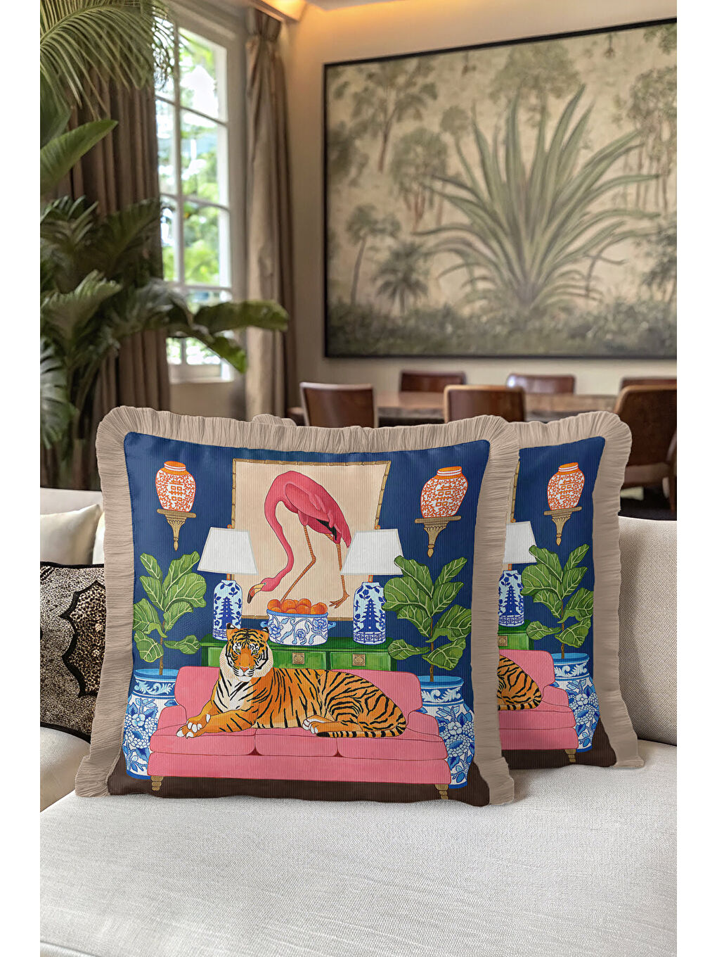 Karışık Lüks Hayvan Figürlü Saçaklı Yastık Kılıfı - Çarpıcı Eklektik Salon Mavi Püsküllü Kırlent Kılıfı-5