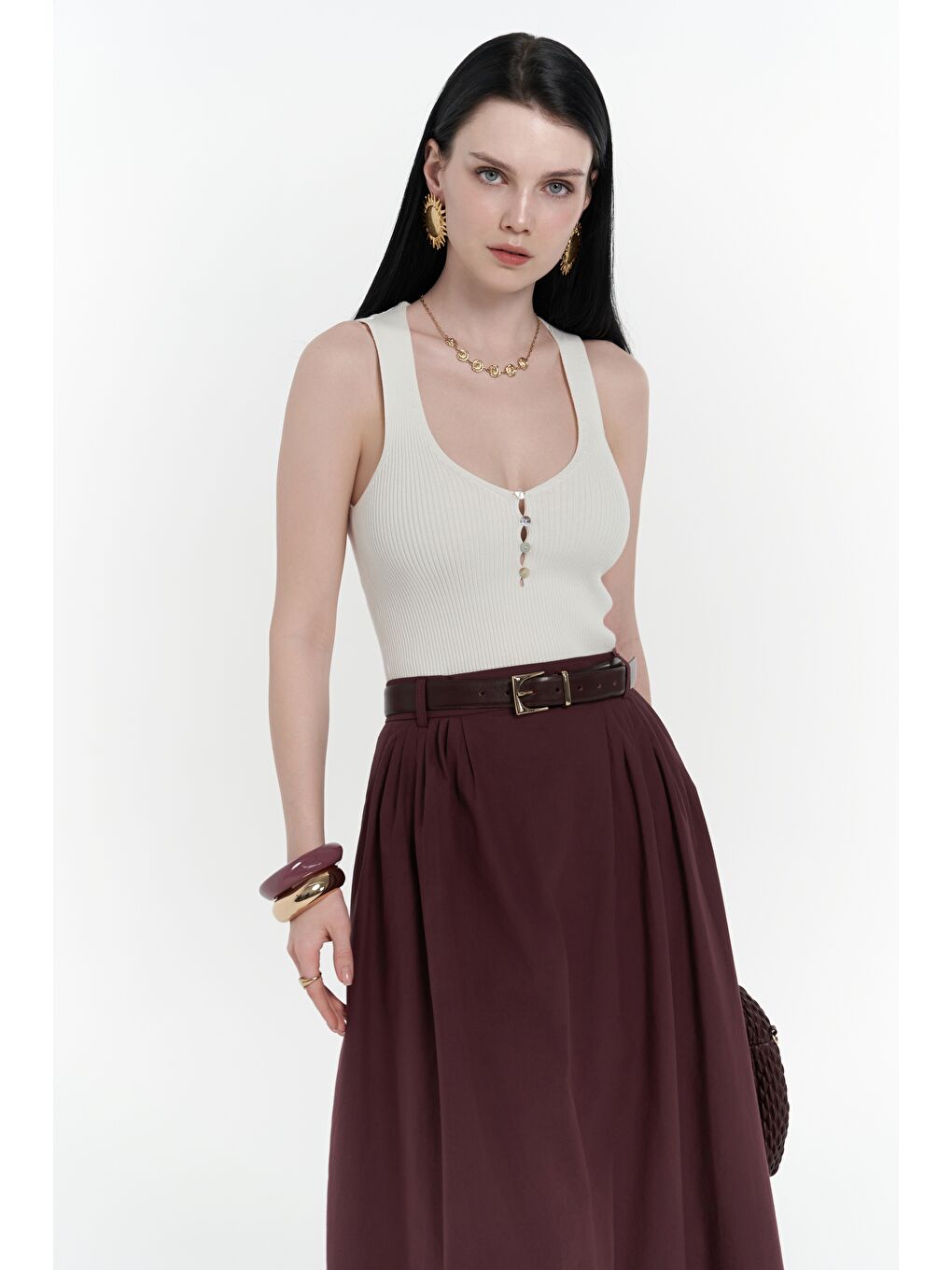Rhea Köprü Detay Uzun Bordo Etek