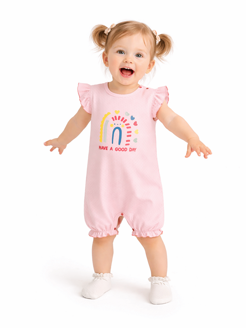 Pembe Bisiklet Yaka Baskılı Kız Bebek Jakarlı Kısa Tulum