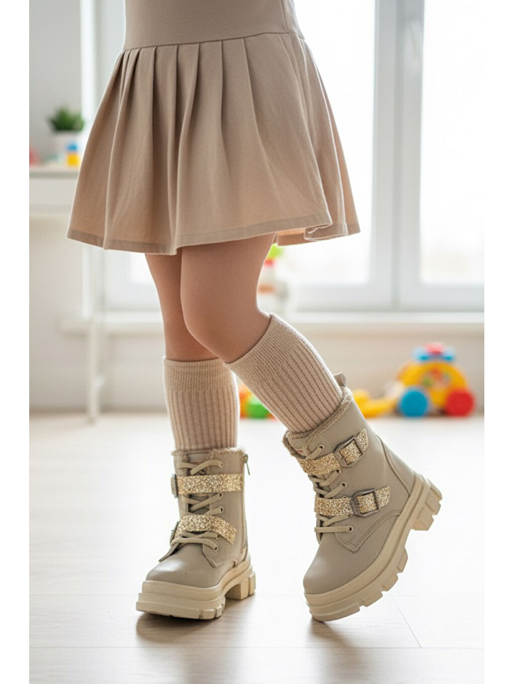 Kız Çocuk Bej Taş Detaylı Fermuarlı Bot - 27896-BEJ-1