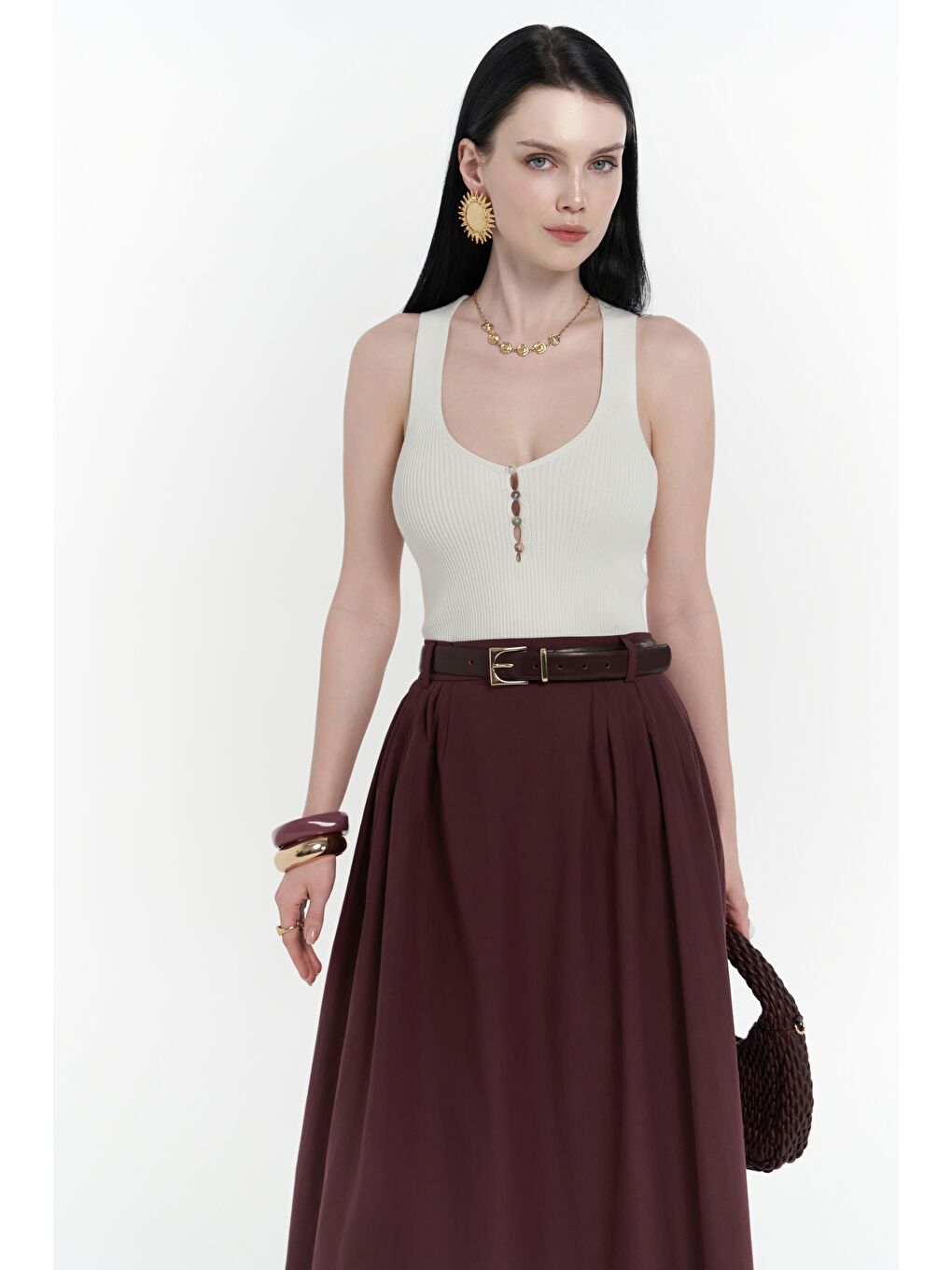 Rhea Köprü Detay Uzun Bordo Etek-1