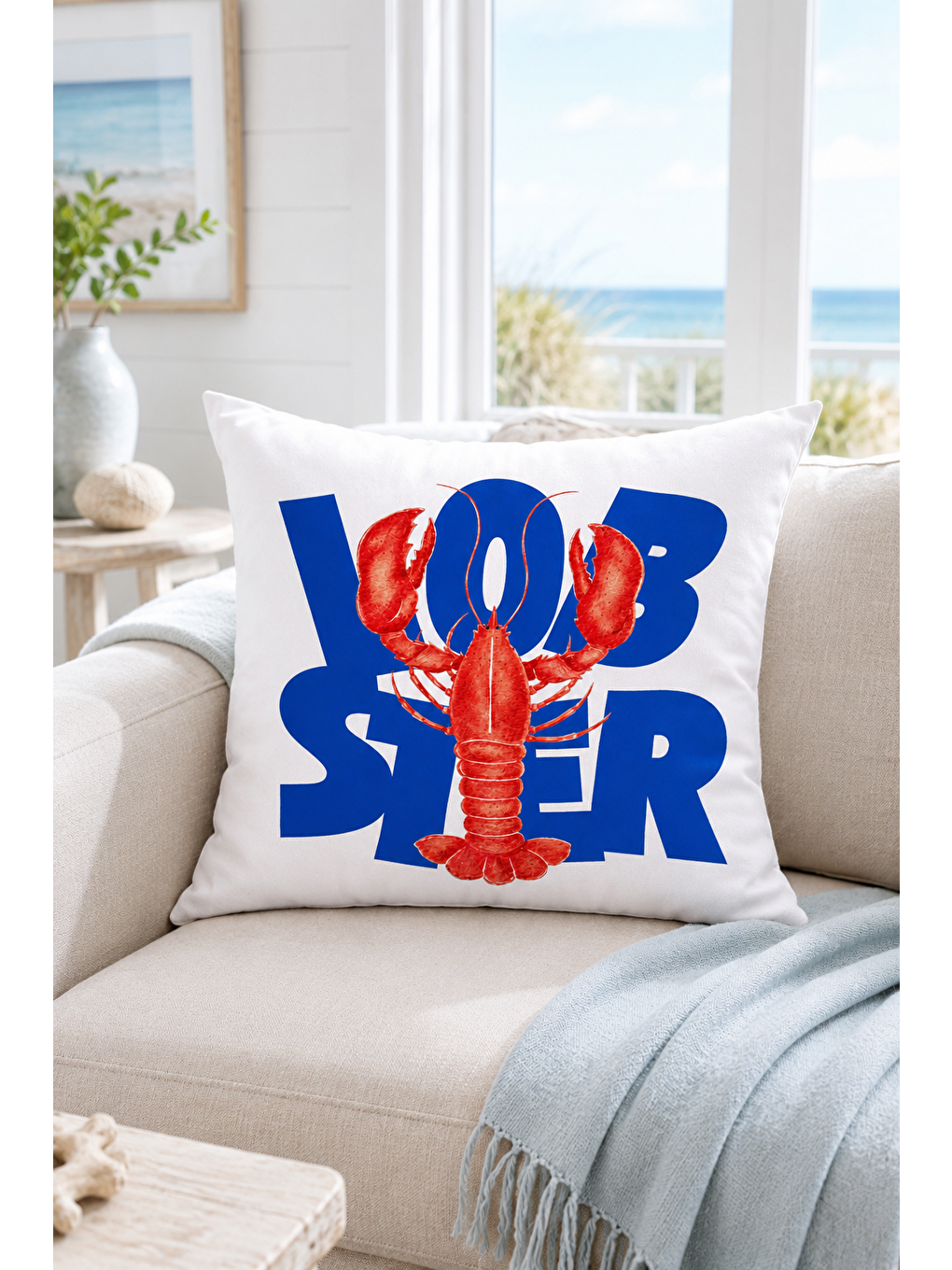 Beyaz Lobster Mavi Yazı Baskılı Marin Dekoratif Kırlent Kılıfı Yazlık Ev Dekor 43x43 Cm-2