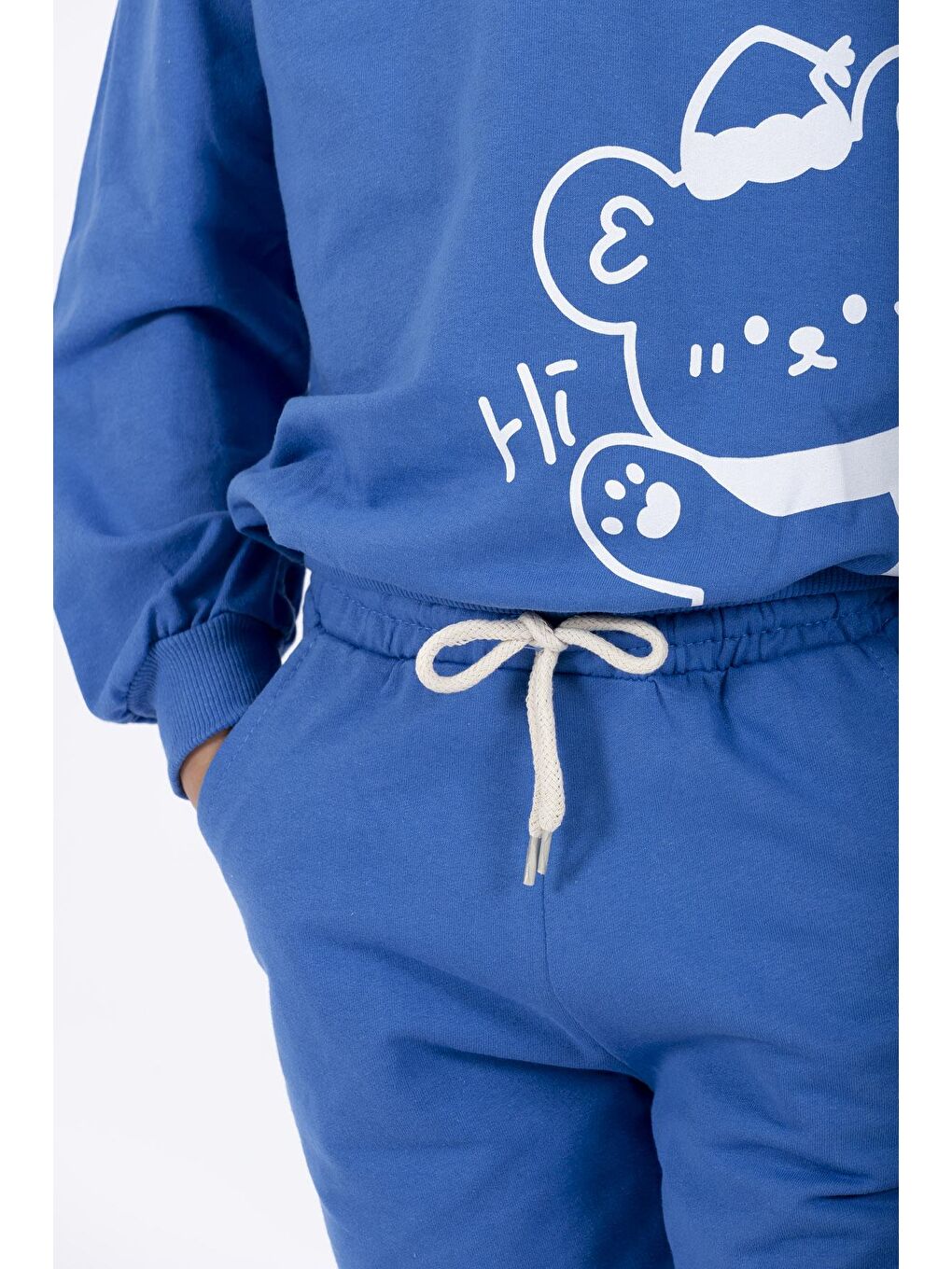 Mavi Şapkalı Ayı Baskılı Saks Renk Erkek Çocuk Eşofman Takımı-4