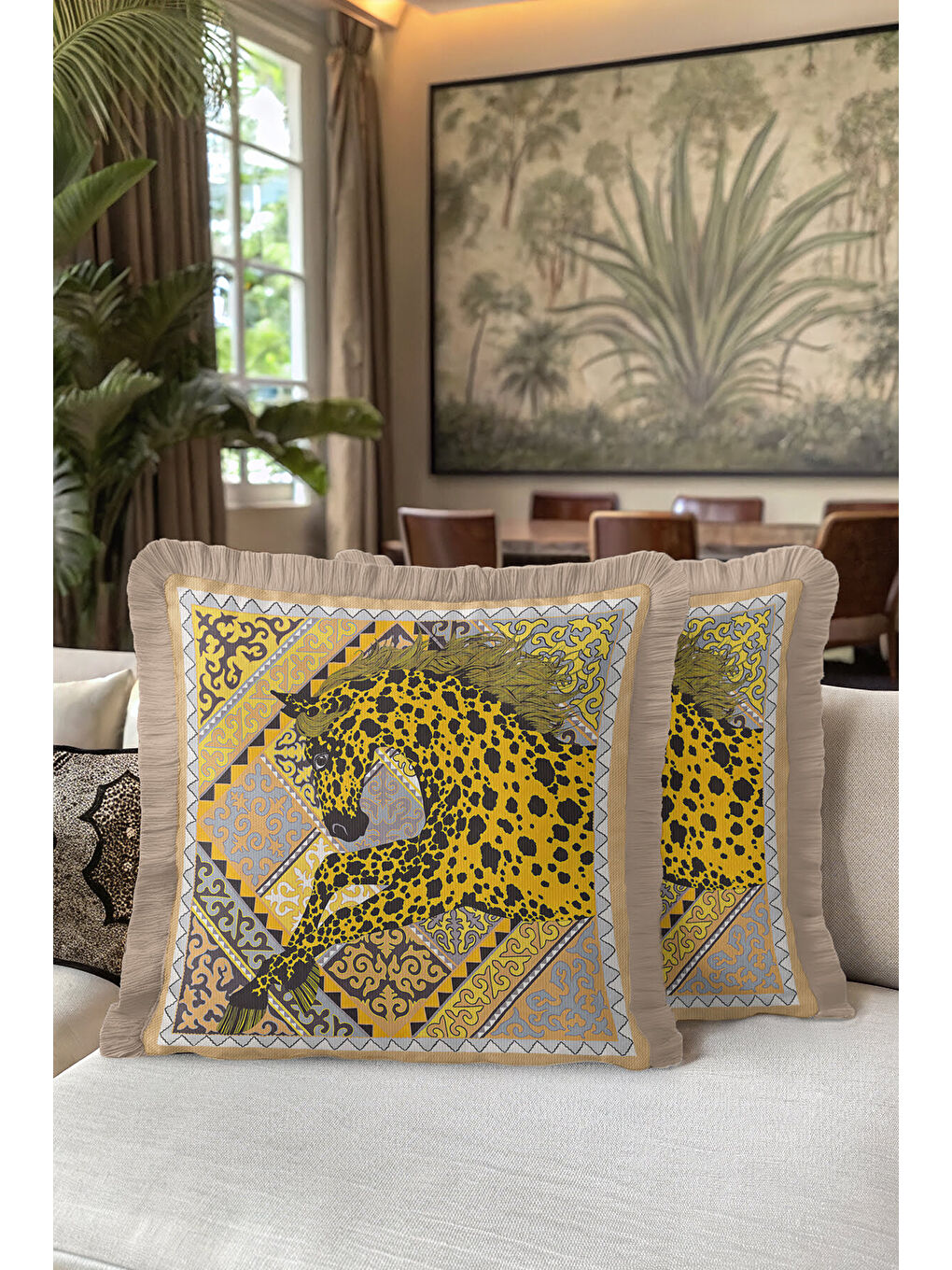 Karışık Lüks At Figürlü Saçaklı Yastık Kılıfı - Asil Bohem Ekru Altın Renkli Püsküllü Kırlent Kılıfı-5