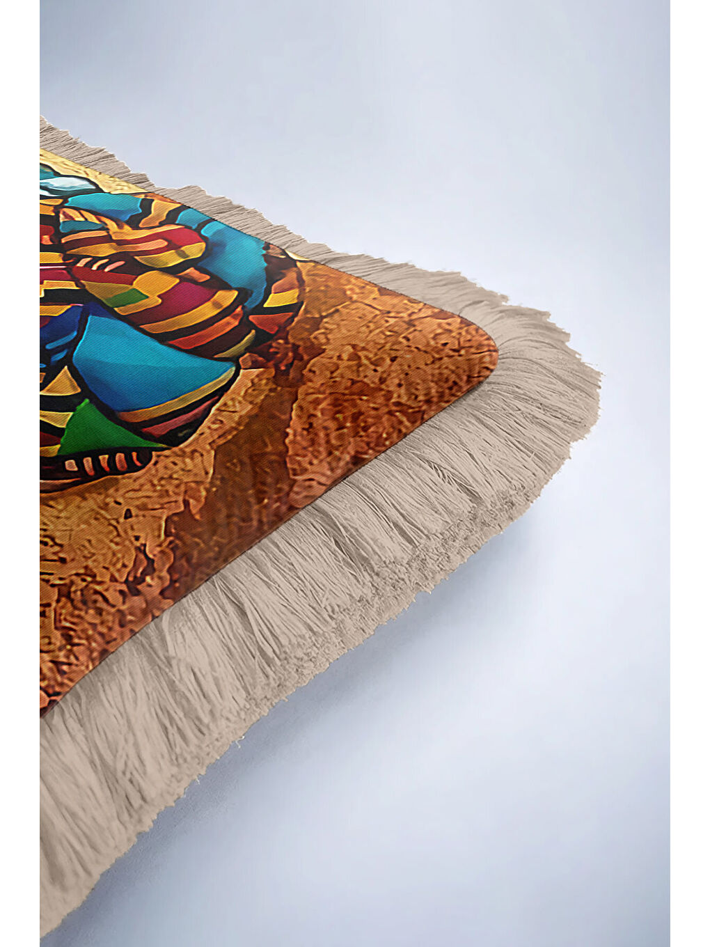 Karışık Afrika Esintili Etnik Sanat Saçaklı Yastık Kılıfı - Bohem Kahverengi Mavi Püsküllü Kırlent Kılıfı-6