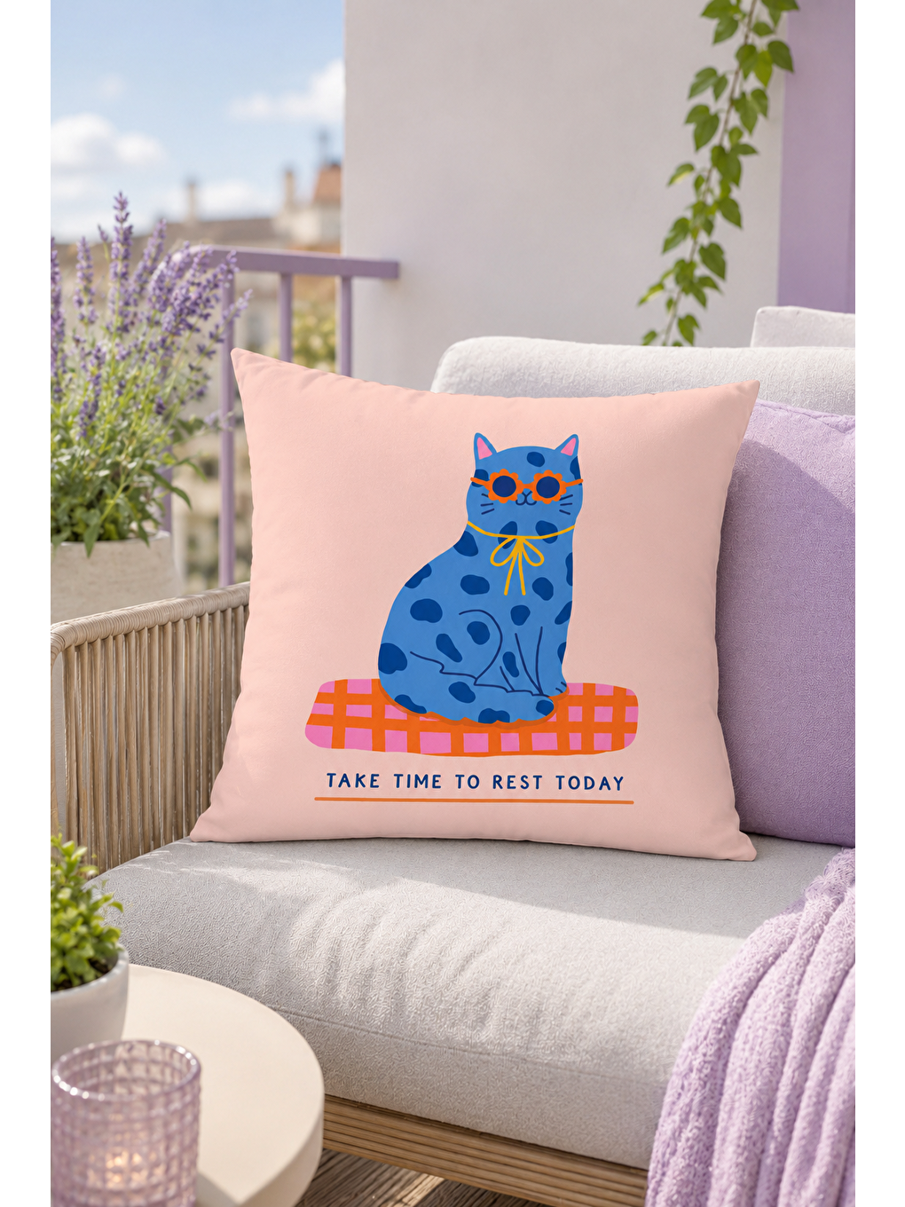 Mavi Kedi Yazı Baskılı Dekoratif Kırlent Kılıfı Pembe Modern Salon Dekor 43x43 Cm-5