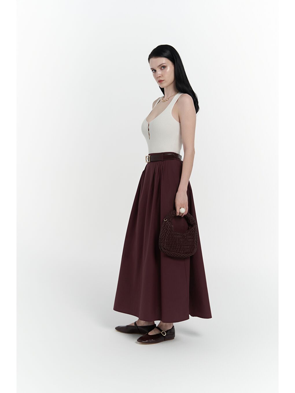 Rhea Köprü Detay Uzun Bordo Etek-3