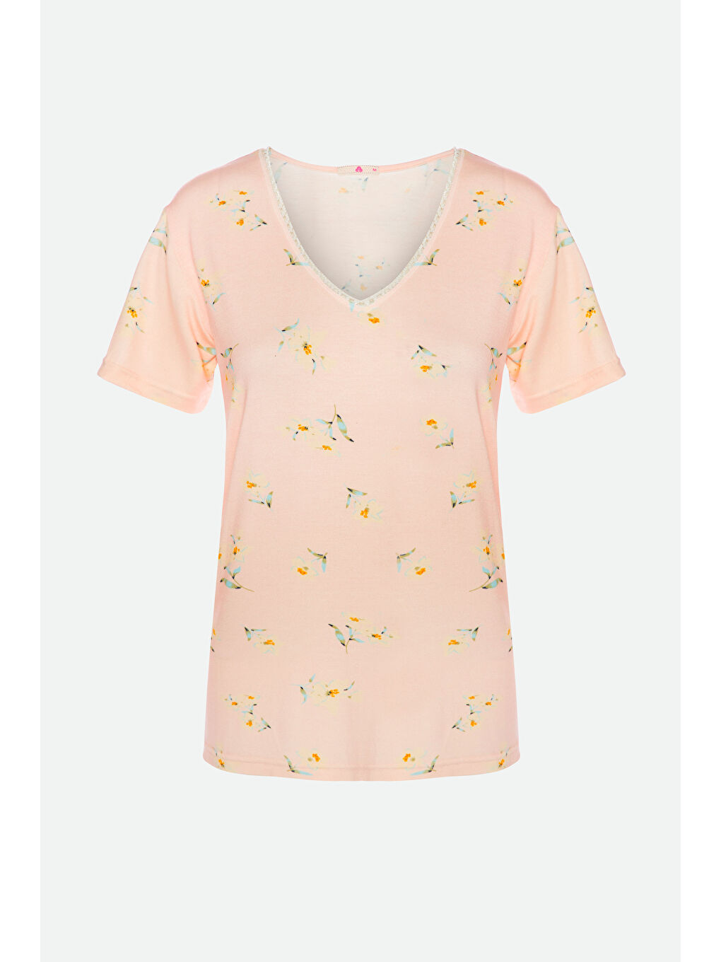 Ekru Kadın Viskon Yaka Dantel Lastik Detaylı V Yaka Kısa Kollu Pijama Takımı-1