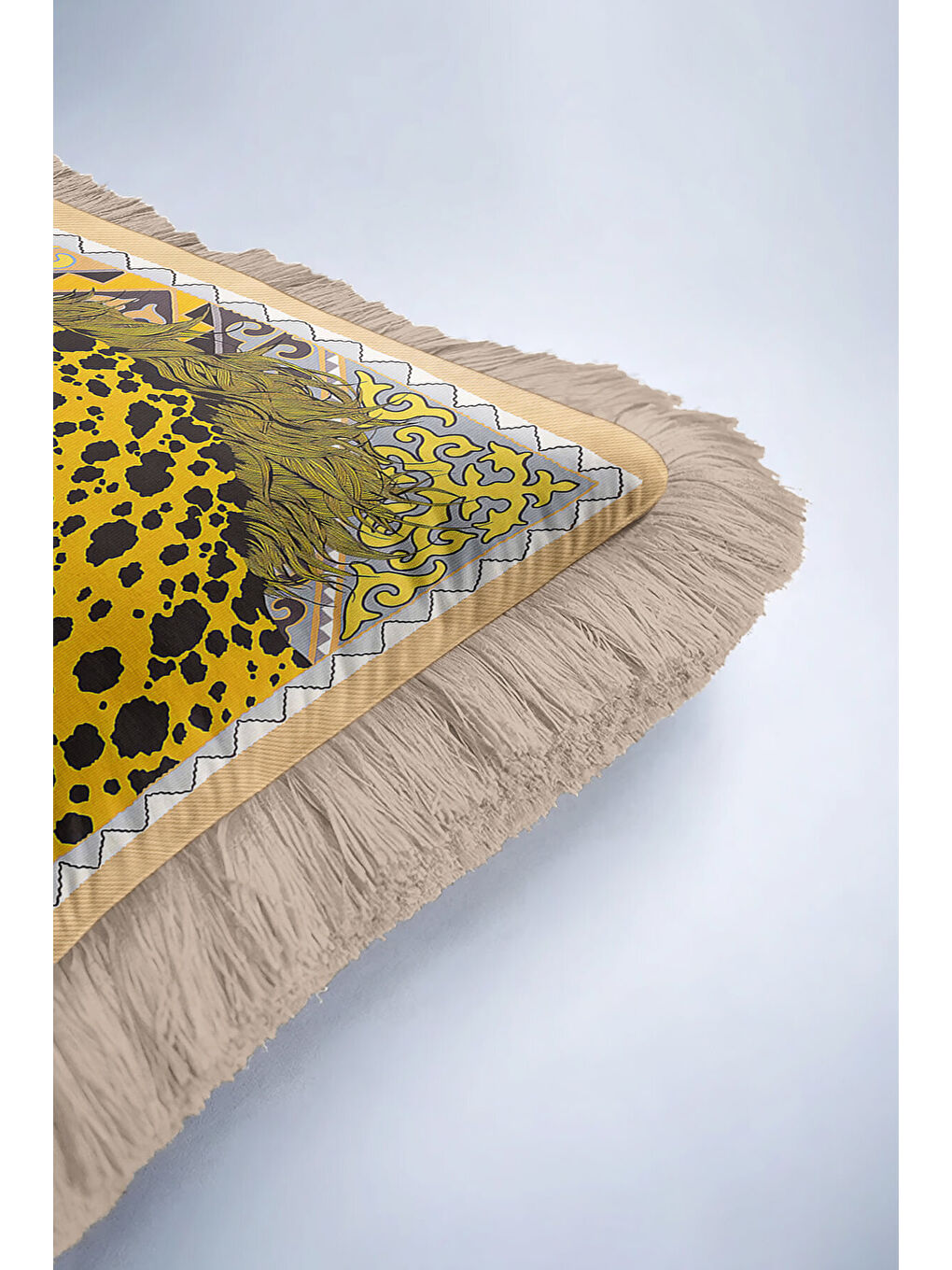 Karışık Lüks At Figürlü Saçaklı Yastık Kılıfı - Asil Bohem Ekru Altın Renkli Püsküllü Kırlent Kılıfı-6