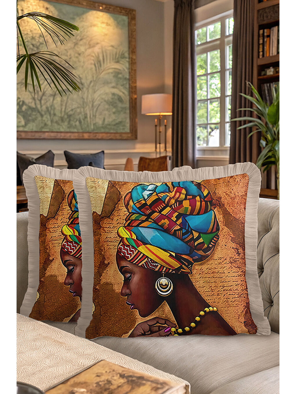 Karışık Afrika Esintili Etnik Sanat Saçaklı Yastık Kılıfı - Bohem Kahverengi Mavi Püsküllü Kırlent Kılıfı-7