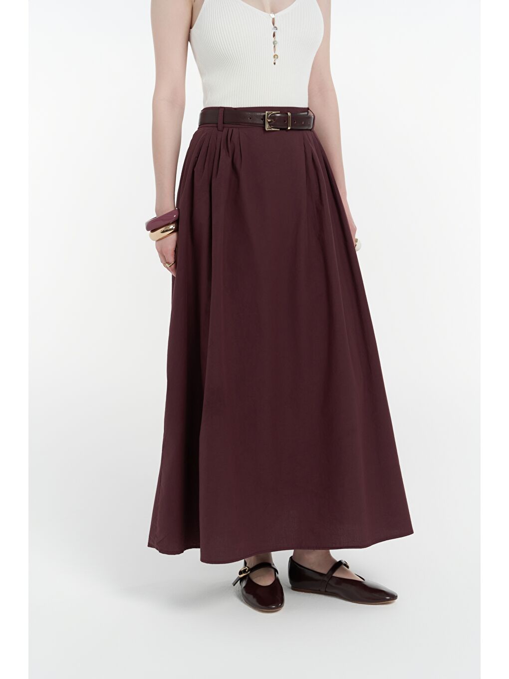 Rhea Köprü Detay Uzun Bordo Etek-5