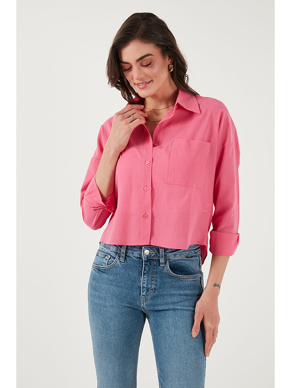 Fuşya Pamuk Ve Keten Karışımlı Regular Fit Önü Kısa Arkası Uzun Kadın Gömlek 6772867-1