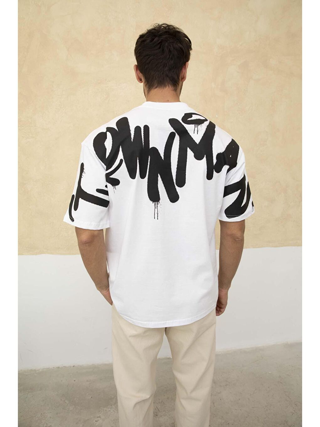 Beyaz Erkek Ön ve Arka Baskılı Regular Fit Tişört-5