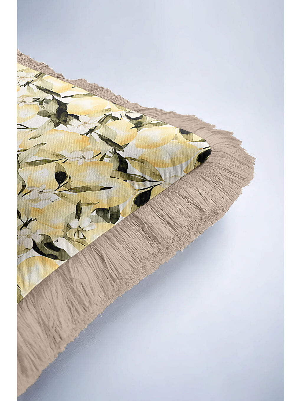 Karışık Limon Bahçesi Saçaklı Yastık Kılıfı - Akdeniz Ferahlığı Country Sarı Bej Püsküllü Kırlent Kılıfı-6