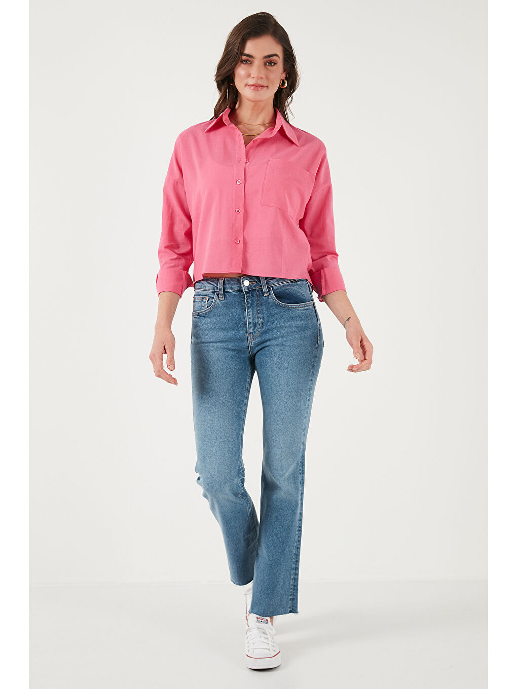 Fuşya Pamuk Ve Keten Karışımlı Regular Fit Önü Kısa Arkası Uzun Kadın Gömlek 6772867-3
