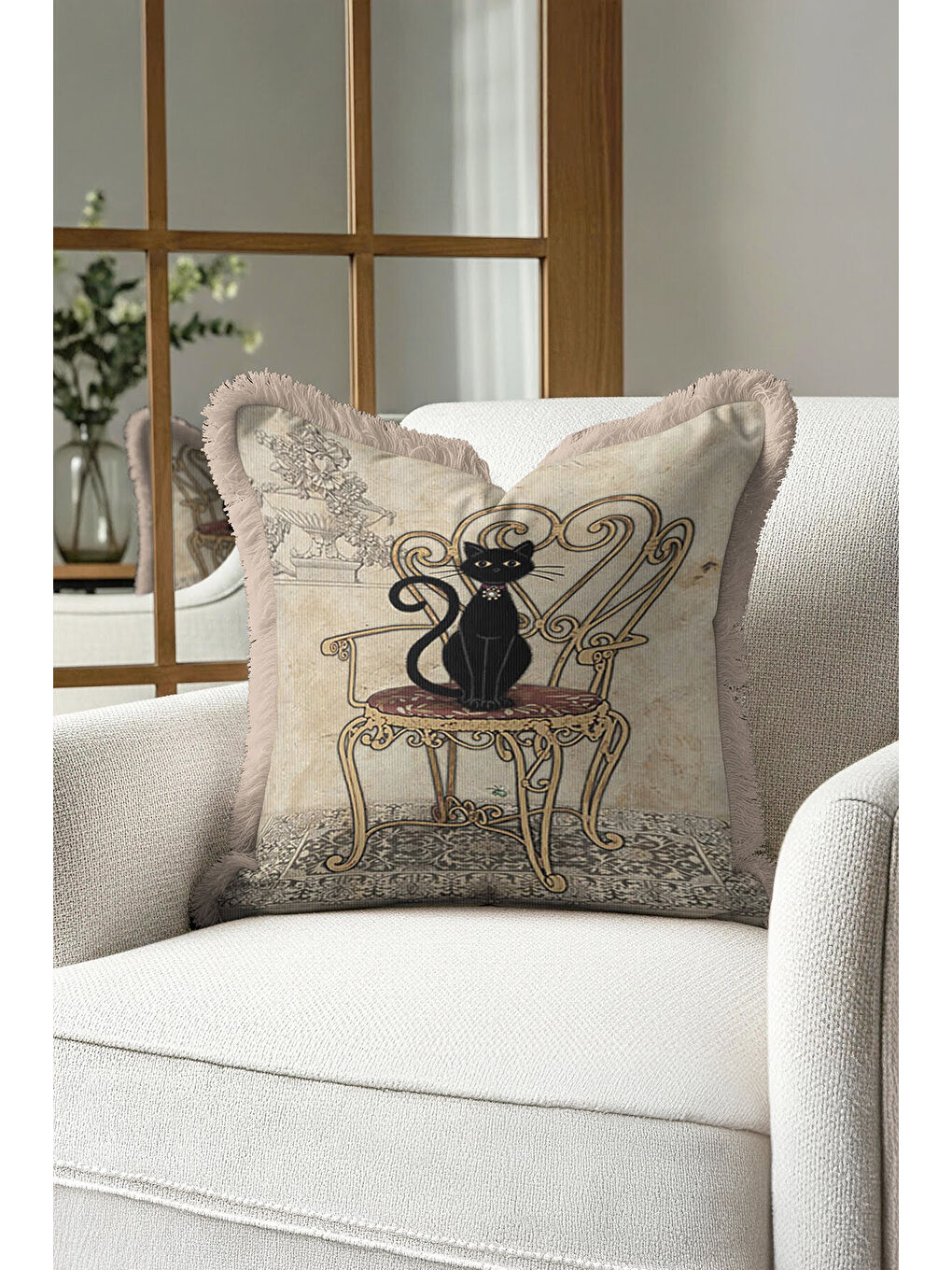 Karışık Vintage Kedi Motifli Saçaklı Yastık Kılıfı - Romantik Retro Bej Siyah Püsküllü Kırlent Kılıfı
