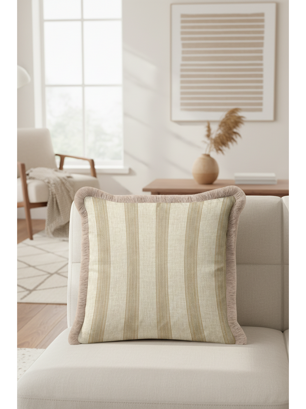 Karışık Zarif Çizgi Detaylı Saçaklı Yastık Kılıfı - Krem Bej Country Doğal Püsküllü Kırlent Kılıfı-4