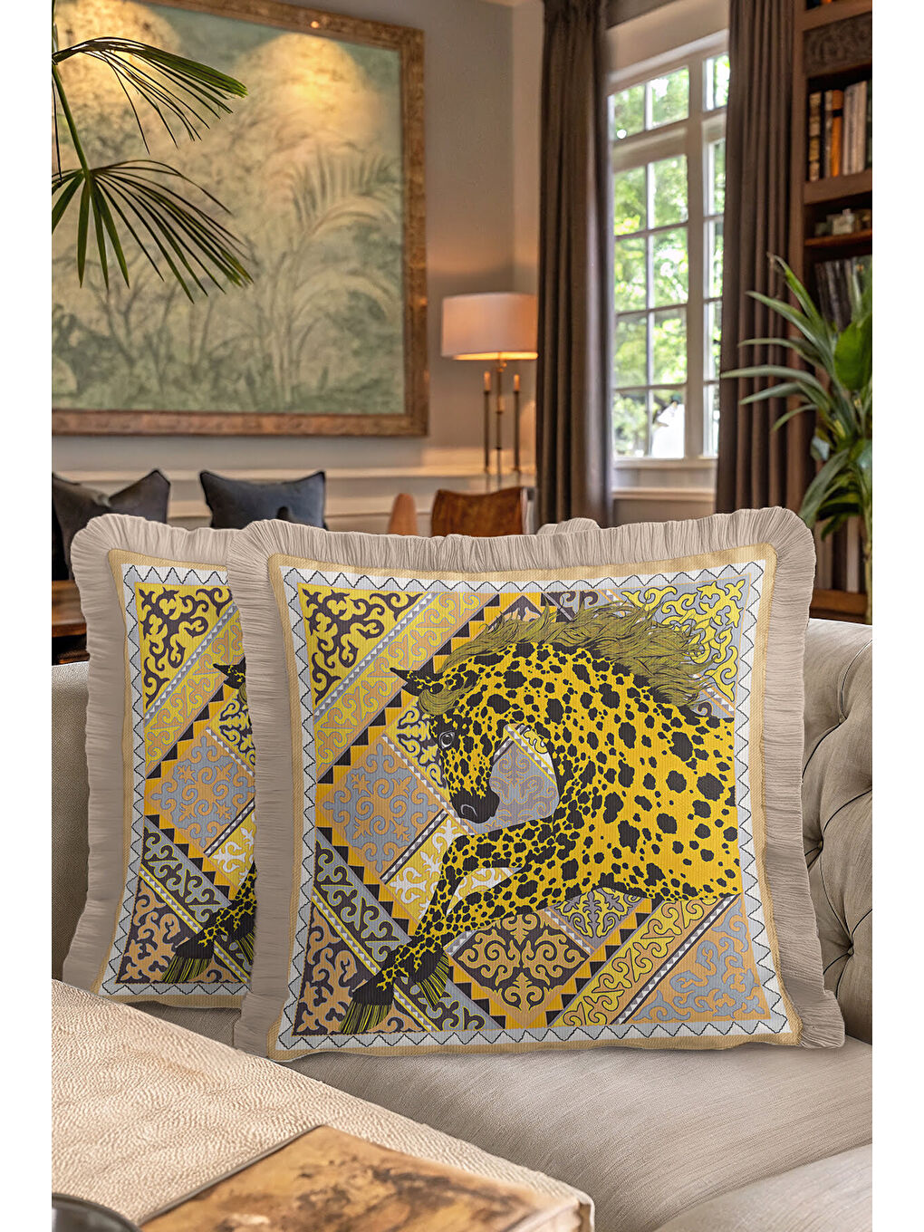 Karışık Lüks At Figürlü Saçaklı Yastık Kılıfı - Asil Bohem Ekru Altın Renkli Püsküllü Kırlent Kılıfı-7