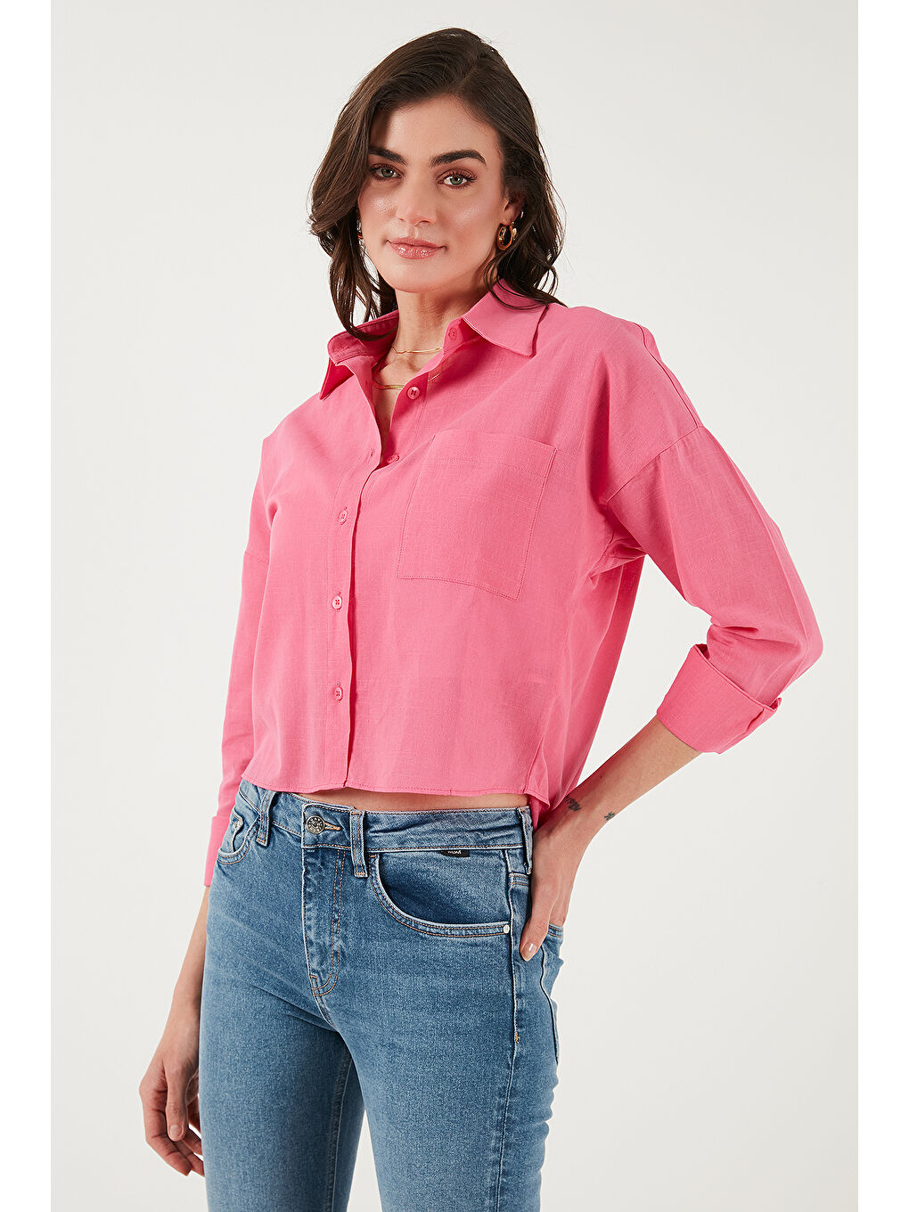 Fuşya Pamuk Ve Keten Karışımlı Regular Fit Önü Kısa Arkası Uzun Kadın Gömlek 6772867-5