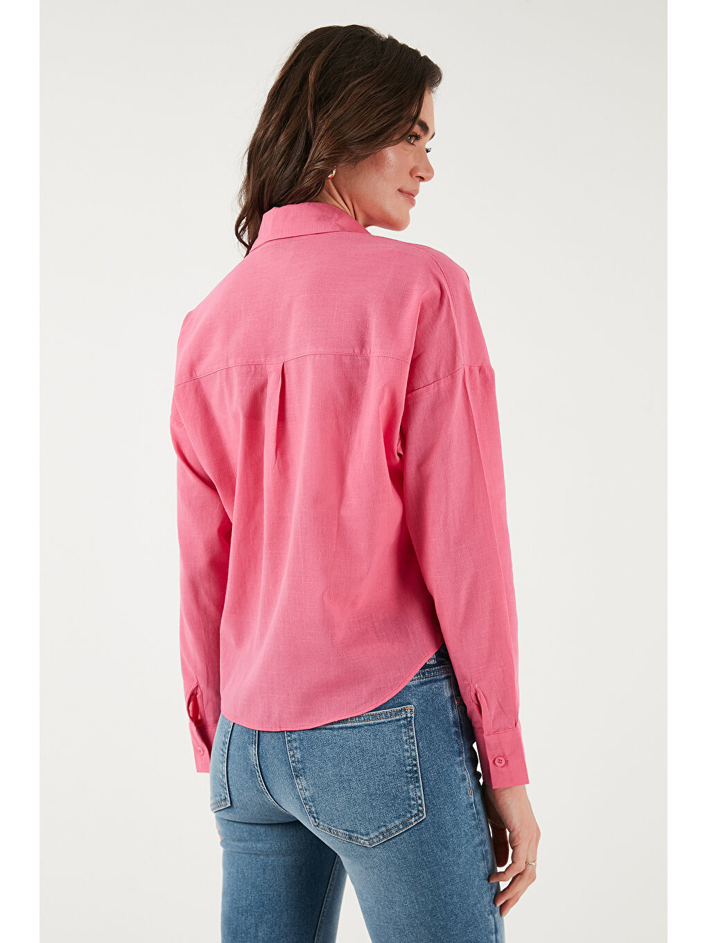 Fuşya Pamuk Ve Keten Karışımlı Regular Fit Önü Kısa Arkası Uzun Kadın Gömlek 6772867-6