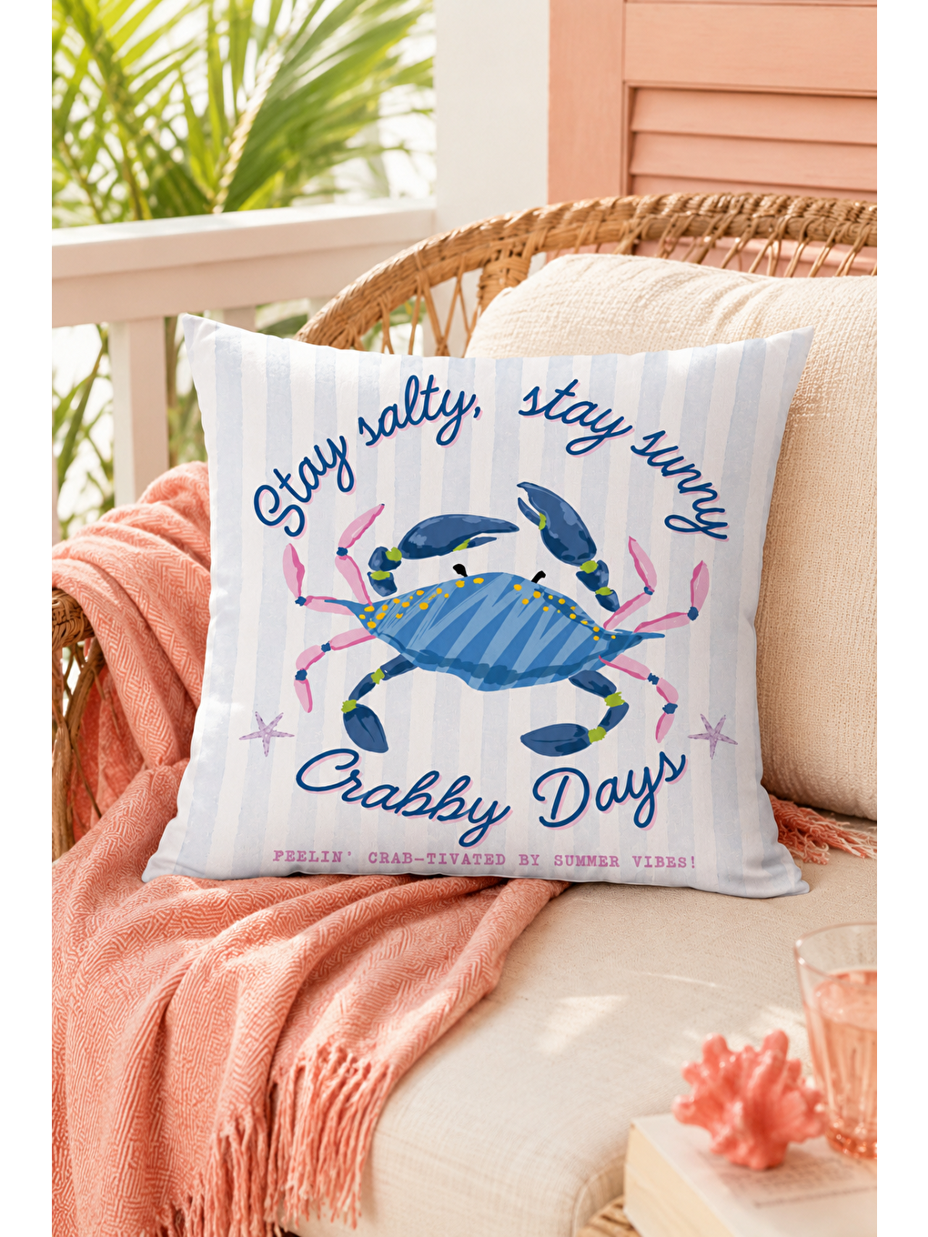 Beyaz Crabby Days Mavi Yengeç Yazı Baskılı Dekoratif Kırlent Kılıfı Marin Dekor 43x43 Cm-1