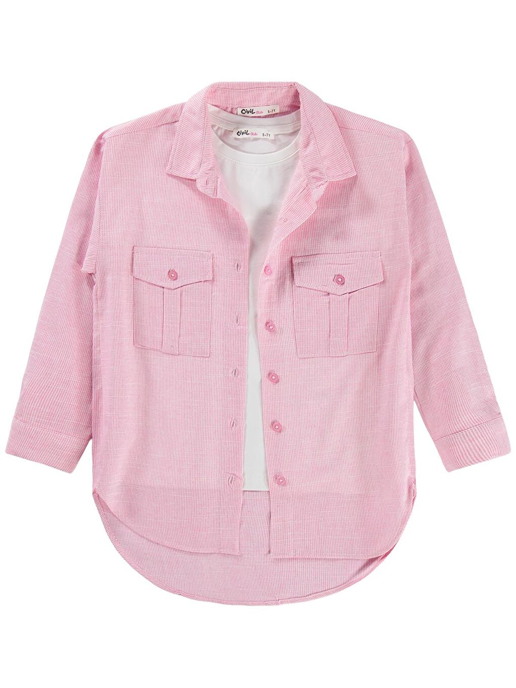 Girls Çift Cepli Çizgili 6-9 Yaş Gömlek - Pembe