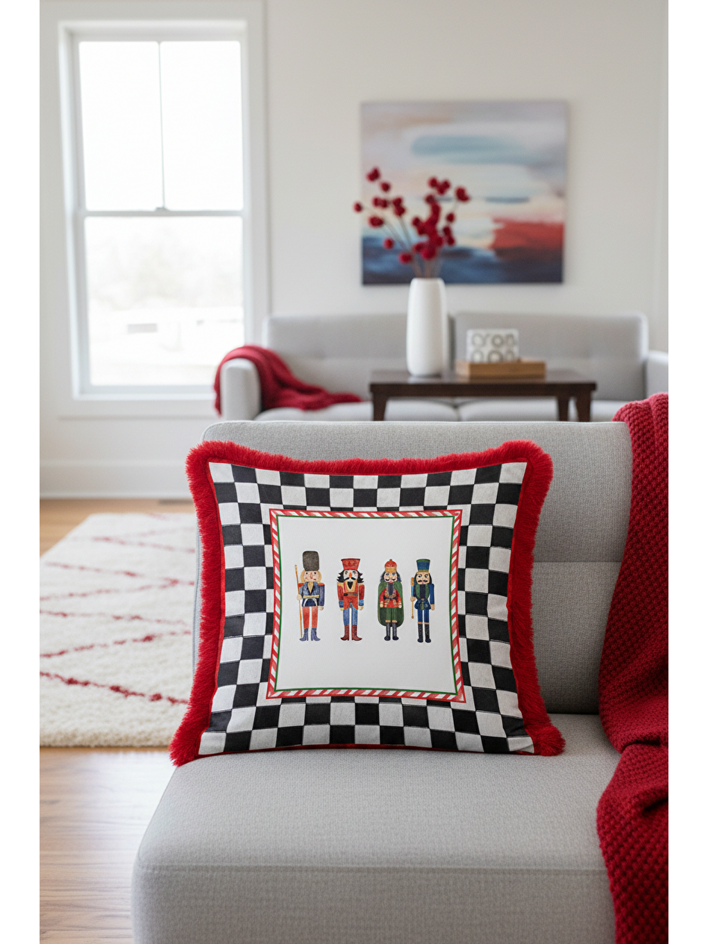 Karışık Kareli Saçaklı Yastık Kılıfı - Fındıkkıran Nostaljik Kırmızı Siyah Püsküllü Kırlent Kılıfı-2