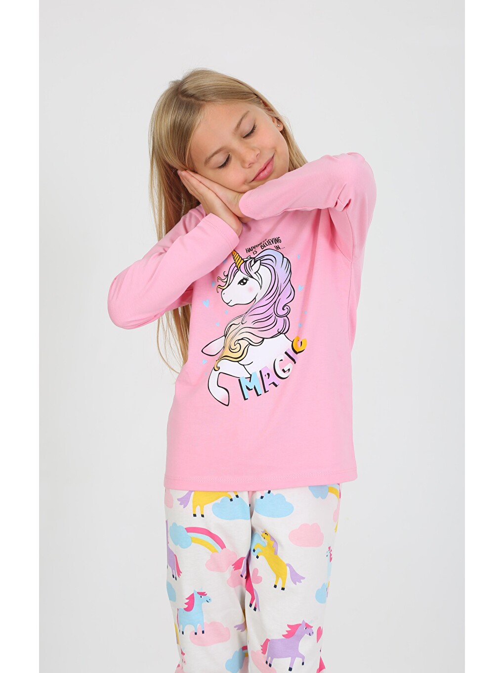 Kız Çocuk Uzun Kollu %100 Pamuklu Pijama Takımı Happines Koyu Pembe
