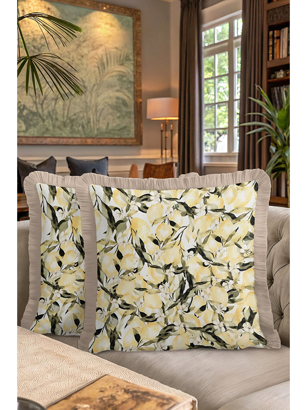 Karışık Limon Bahçesi Saçaklı Yastık Kılıfı - Akdeniz Ferahlığı Country Sarı Bej Püsküllü Kırlent Kılıfı-7