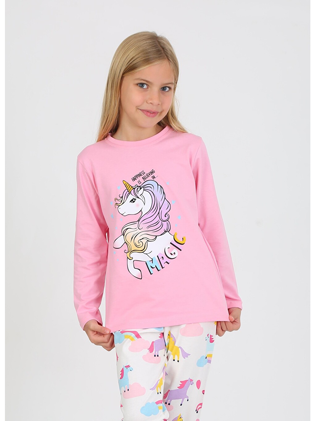 Kız Çocuk Uzun Kollu %100 Pamuklu Pijama Takımı Happines Koyu Pembe-2