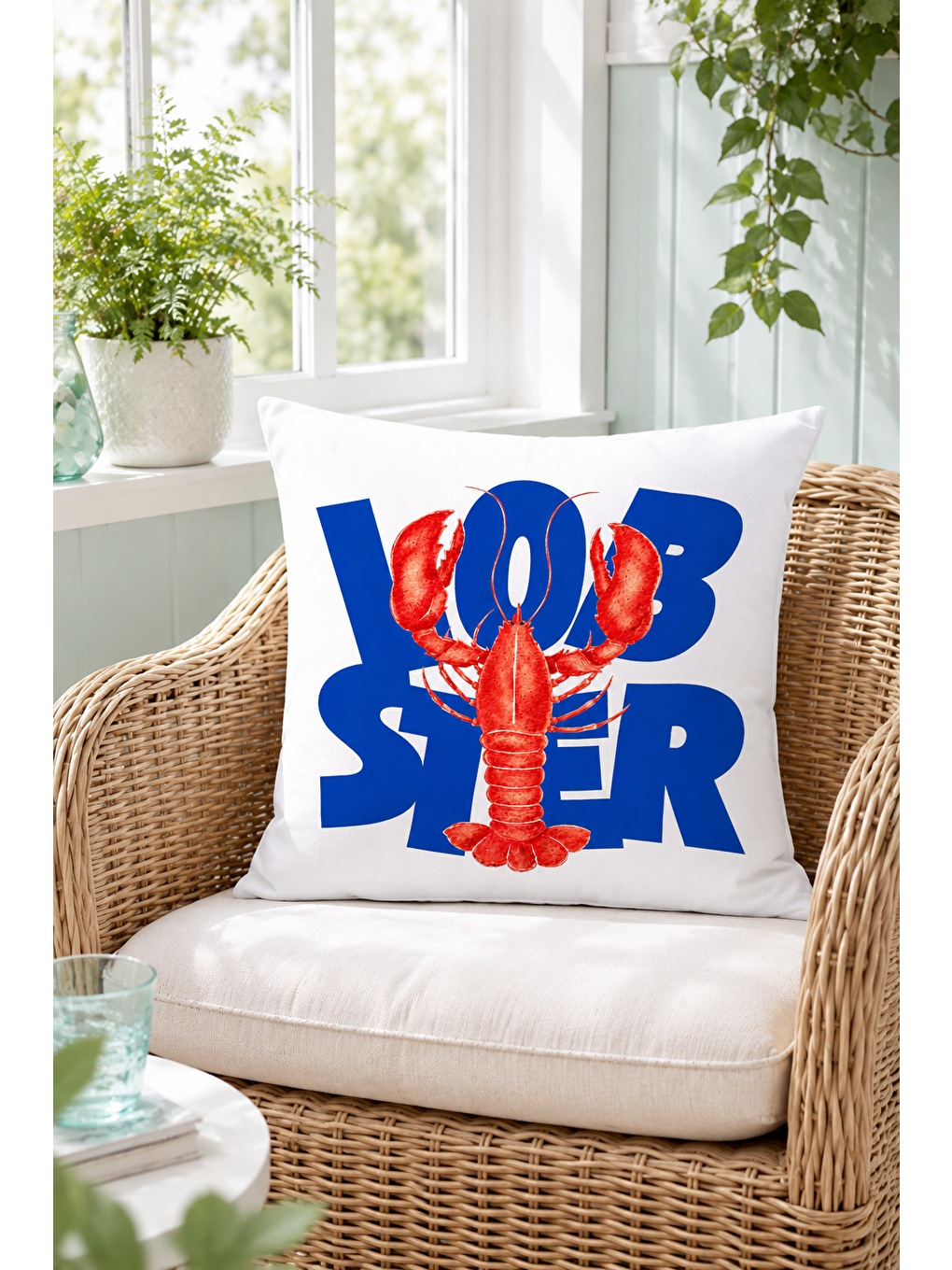 Beyaz Lobster Mavi Yazı Baskılı Marin Dekoratif Kırlent Kılıfı Yazlık Ev Dekor 43x43 Cm-3