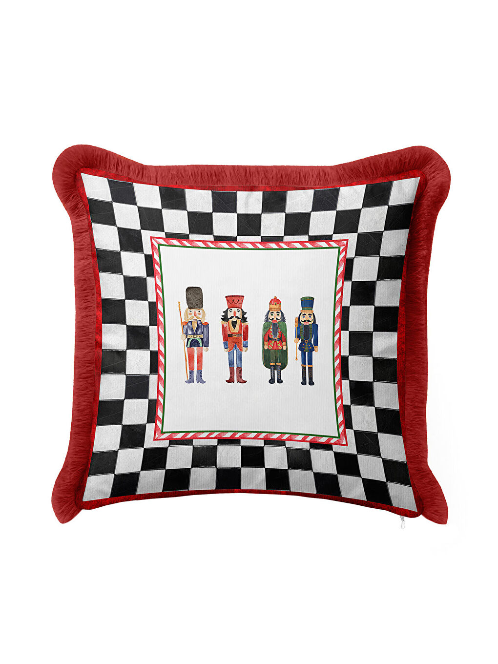 Karışık Kareli Saçaklı Yastık Kılıfı - Fındıkkıran Nostaljik Kırmızı Siyah Püsküllü Kırlent Kılıfı-3