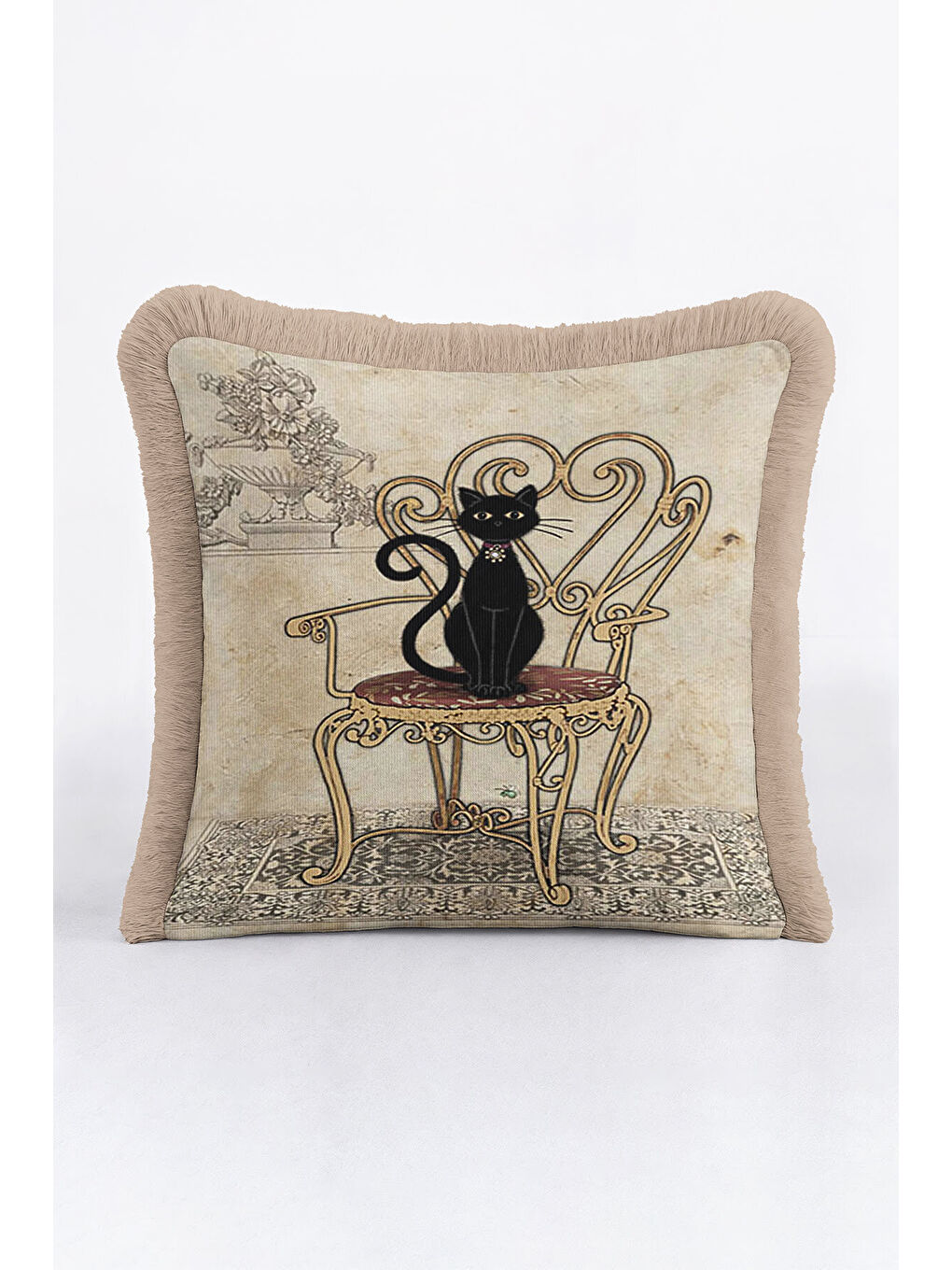 Karışık Vintage Kedi Motifli Saçaklı Yastık Kılıfı - Romantik Retro Bej Siyah Püsküllü Kırlent Kılıfı-1