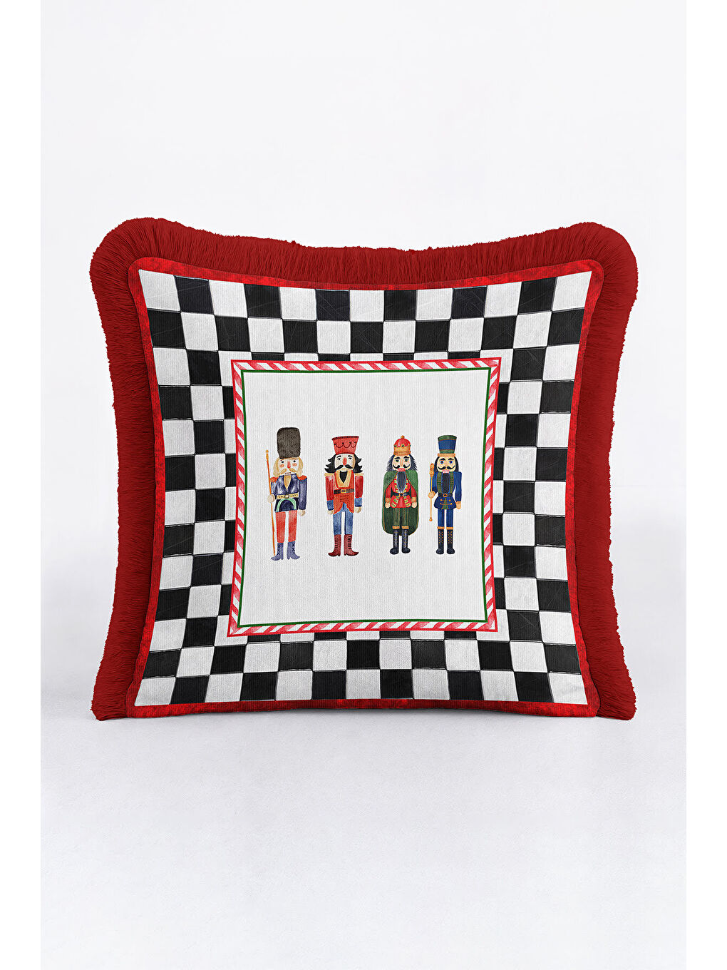Karışık Kareli Saçaklı Yastık Kılıfı - Fındıkkıran Nostaljik Kırmızı Siyah Püsküllü Kırlent Kılıfı-4