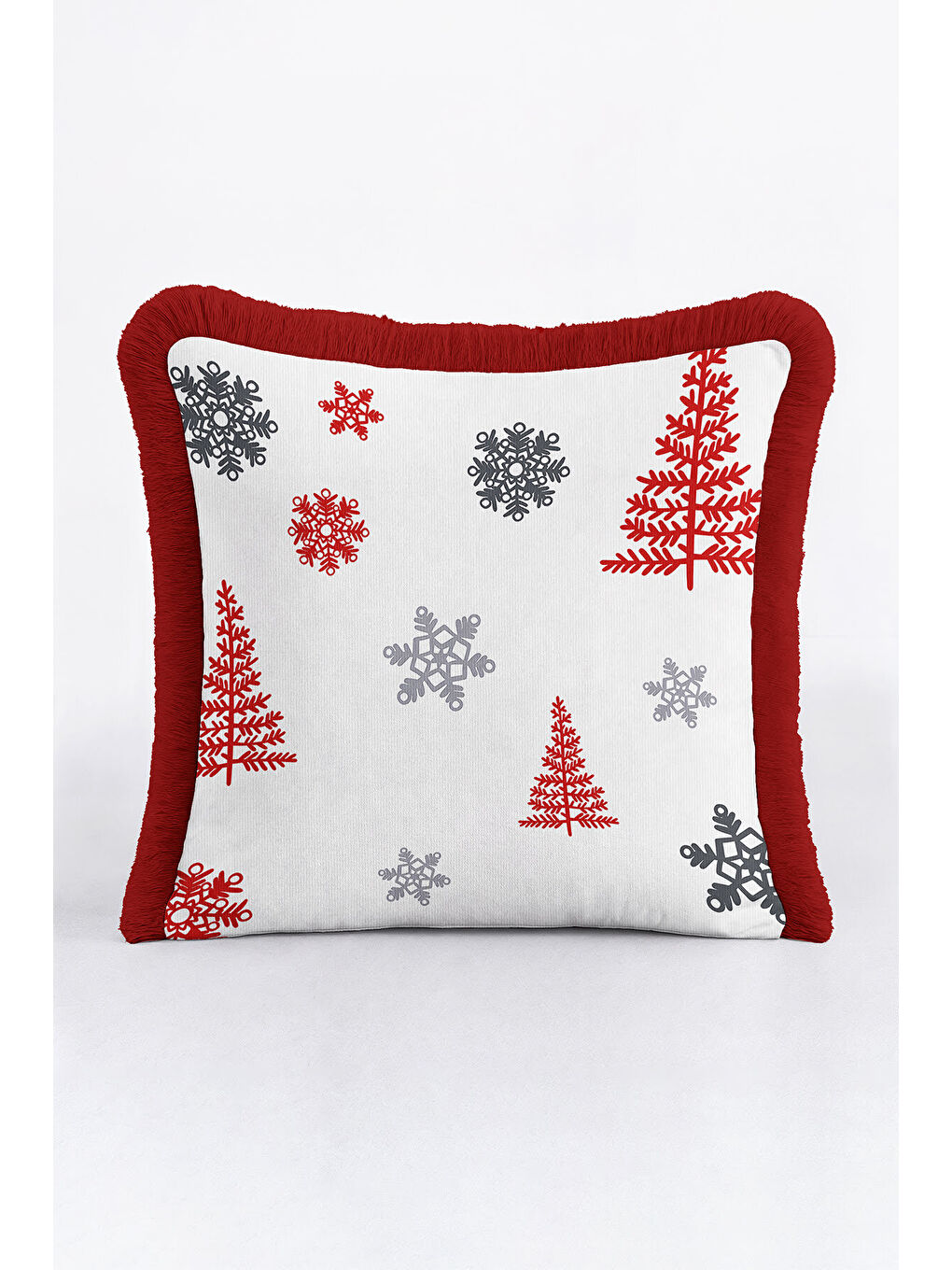 Karışık Kar Tanesi Işıltılı Saçaklı Yastık Kılıfı - Kış Temalı Modern Kırmızı Gri Püsküllü Kırlent Kılıfı-1