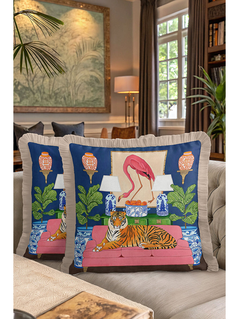 Karışık Lüks Hayvan Figürlü Saçaklı Yastık Kılıfı - Çarpıcı Eklektik Salon Mavi Püsküllü Kırlent Kılıfı-7