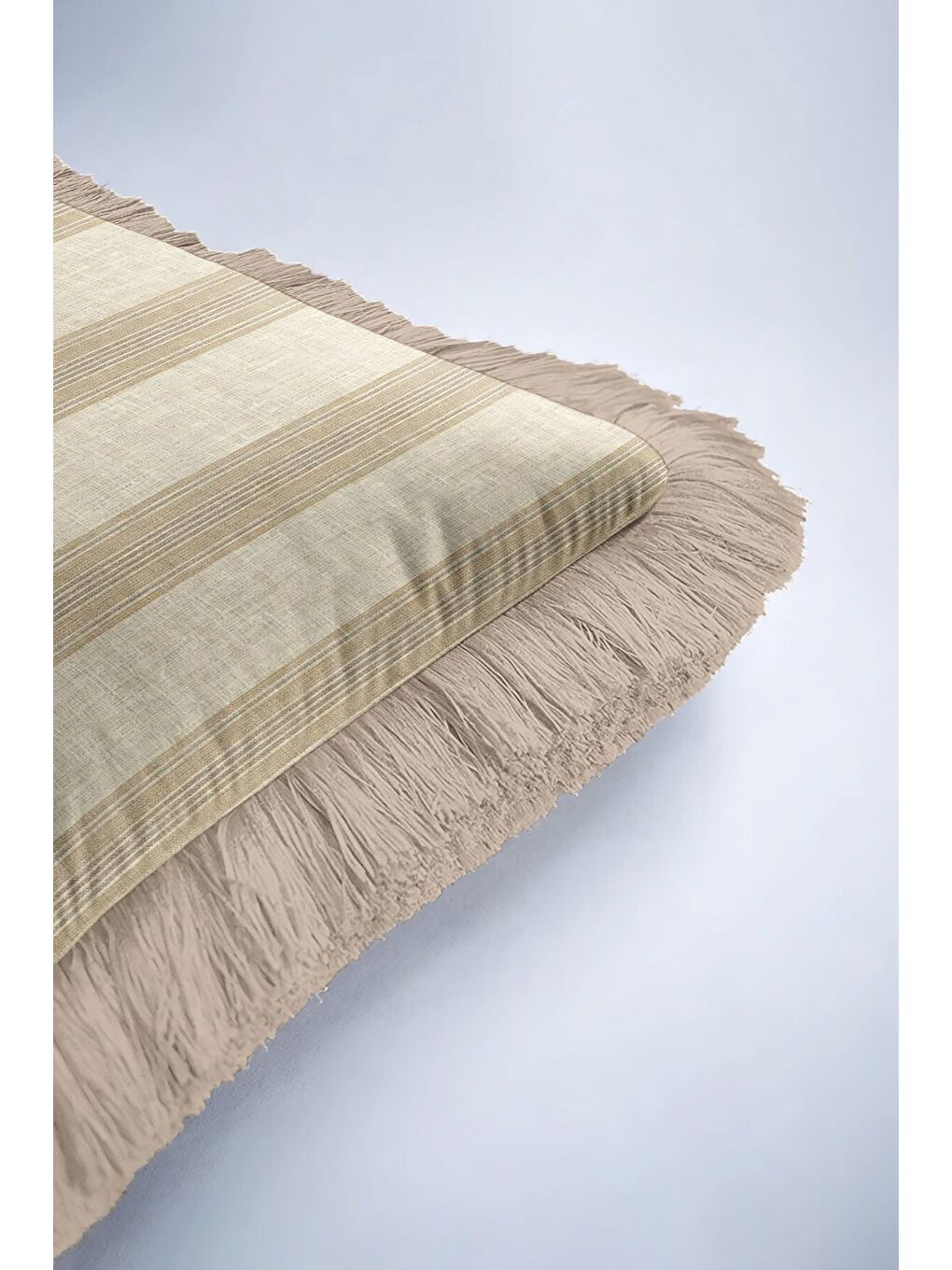 Karışık Zarif Çizgi Detaylı Saçaklı Yastık Kılıfı - Krem Bej Country Doğal Püsküllü Kırlent Kılıfı-6