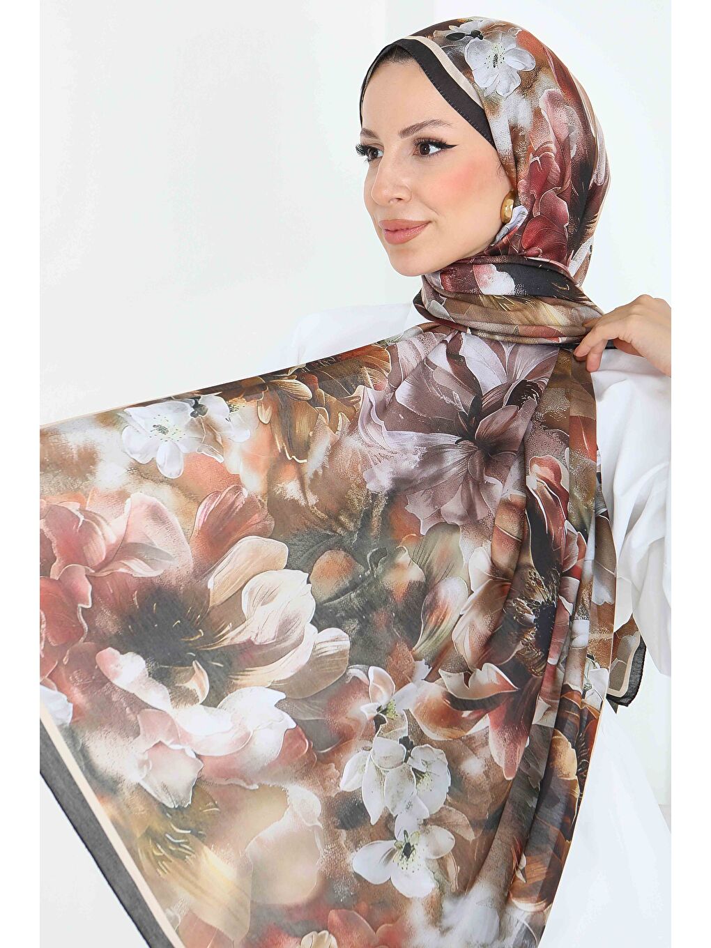 Kahverengi Floral Whisper Serisi Pamuk Şal Kahve - 27853-KAHVE-1