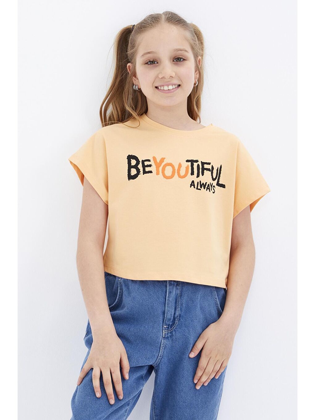 Pembe Kavun Içi Oversize Yazı Baskılı O Yaka Kız Çocuk Crop Tişört  - 75035