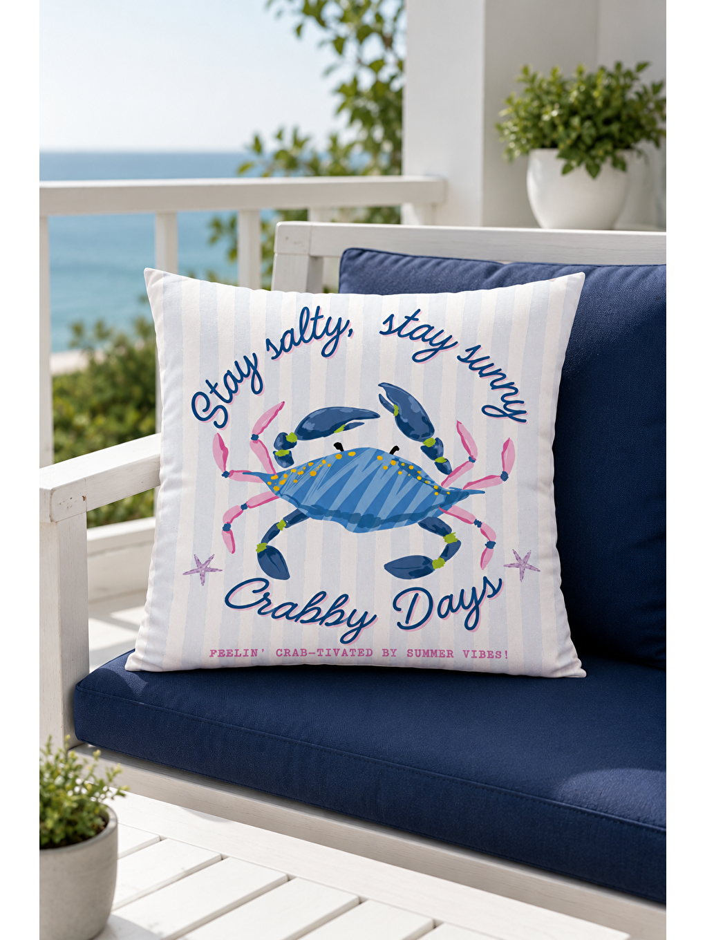 Beyaz Crabby Days Mavi Yengeç Yazı Baskılı Dekoratif Kırlent Kılıfı Marin Dekor 43x43 Cm-2