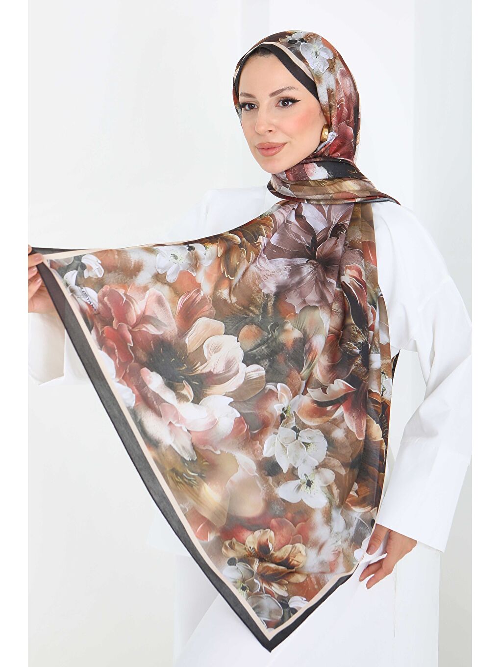 Kahverengi Floral Whisper Serisi Pamuk Şal Kahve - 27853-KAHVE-3