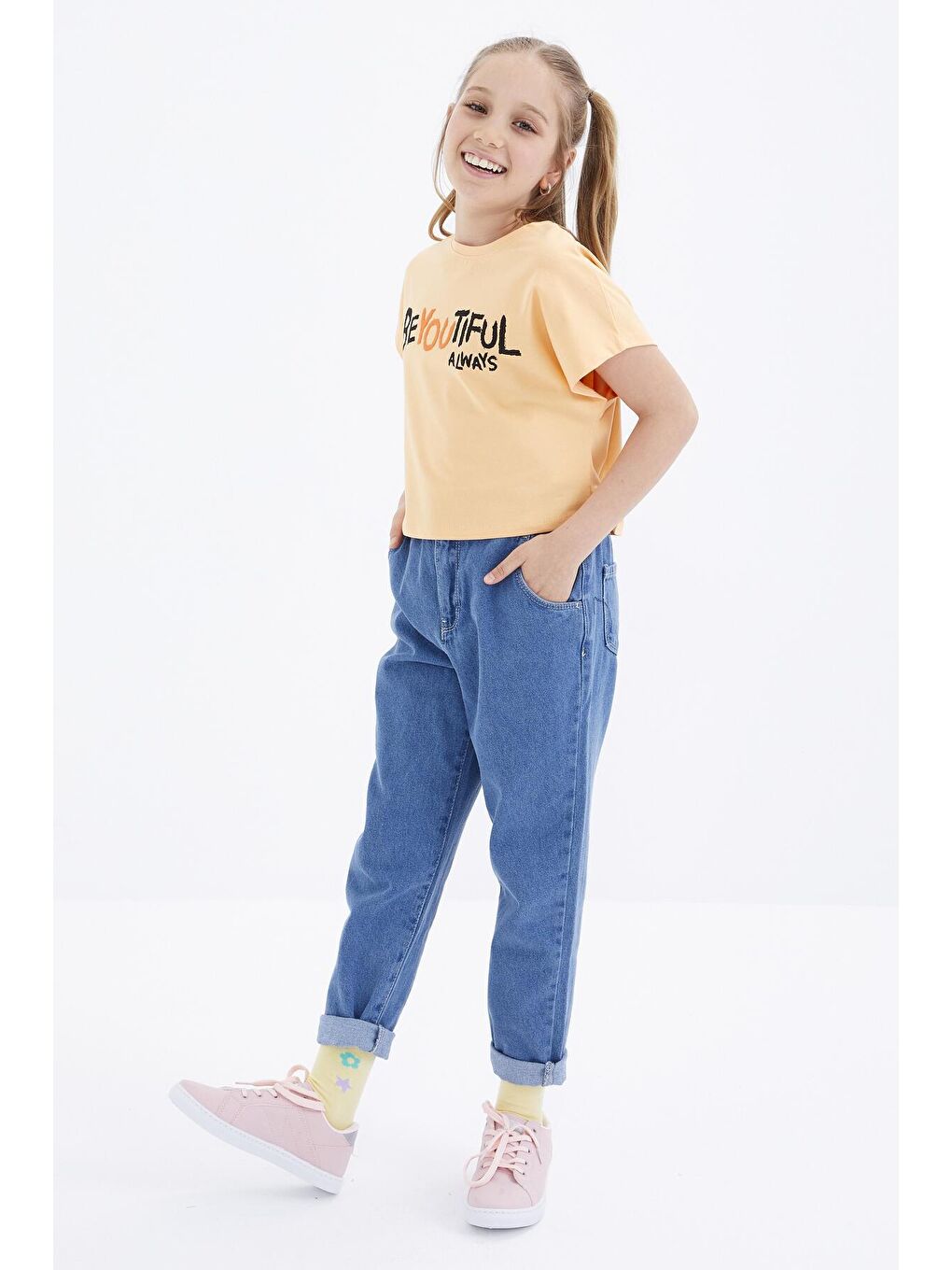 Pembe Kavun Içi Oversize Yazı Baskılı O Yaka Kız Çocuk Crop Tişört  - 75035-1