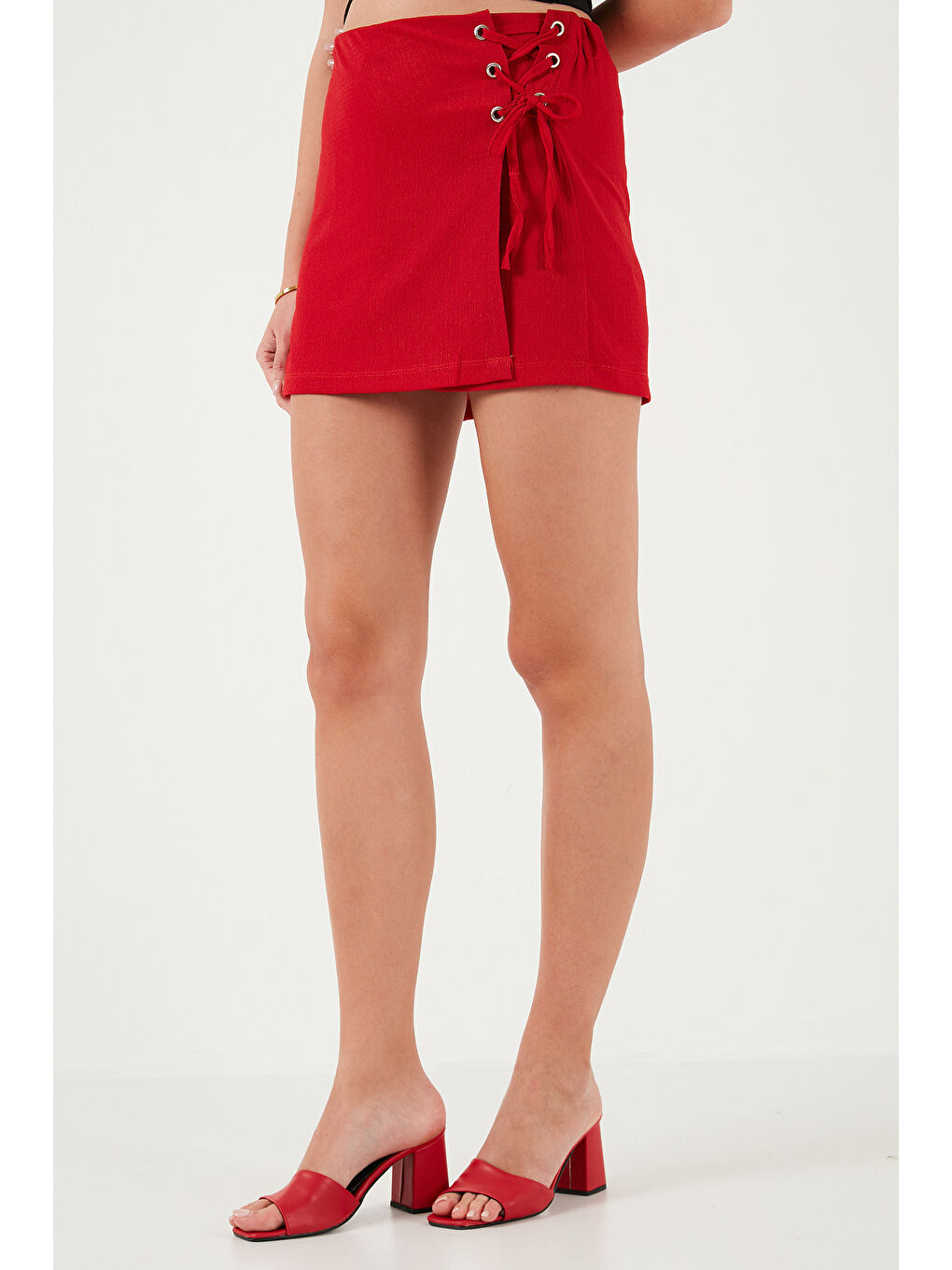 Kırmızı Streç Bağlamalı Slim Fit Yüksek Bel Mini Şort Etek 5865745-5