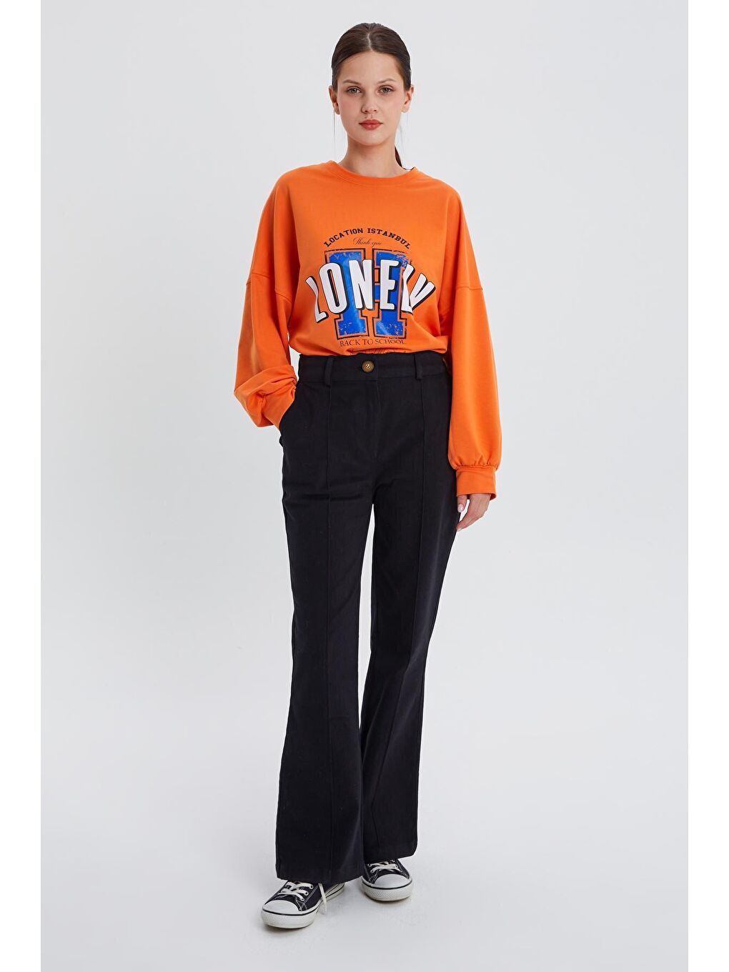 Siyah Pamuklu Çimalı Rahat Boru Paça Pantolon-1