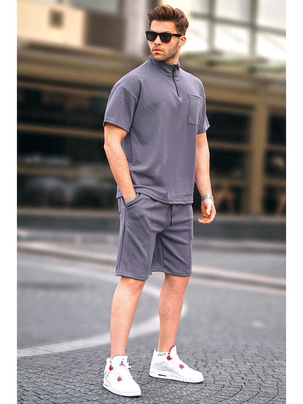 Gri Füme Desenli Erkek Şort Takımı 5947-1