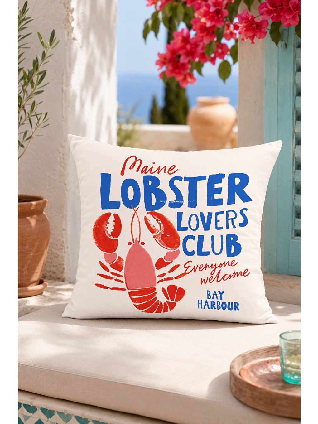 Beyaz Maine Lobster Lovers Club Marin Dekoratif Kırlent Kılıfı Yazlık Ev Dekor 43x43 Cm