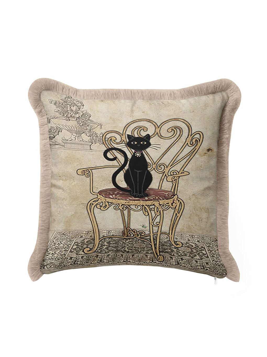 Karışık Vintage Kedi Motifli Saçaklı Yastık Kılıfı - Romantik Retro Bej Siyah Püsküllü Kırlent Kılıfı-2