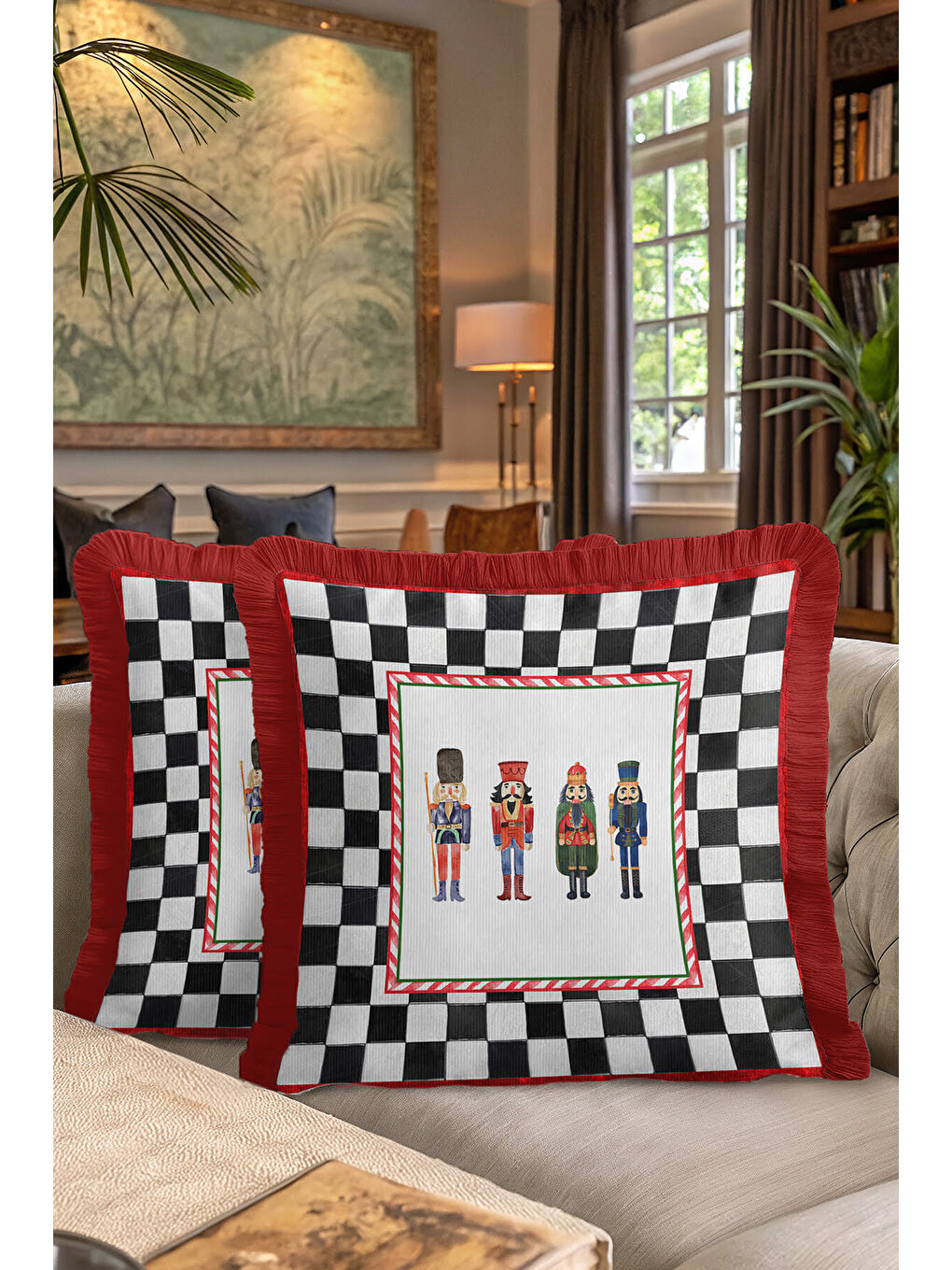 Karışık Kareli Saçaklı Yastık Kılıfı - Fındıkkıran Nostaljik Kırmızı Siyah Püsküllü Kırlent Kılıfı-7