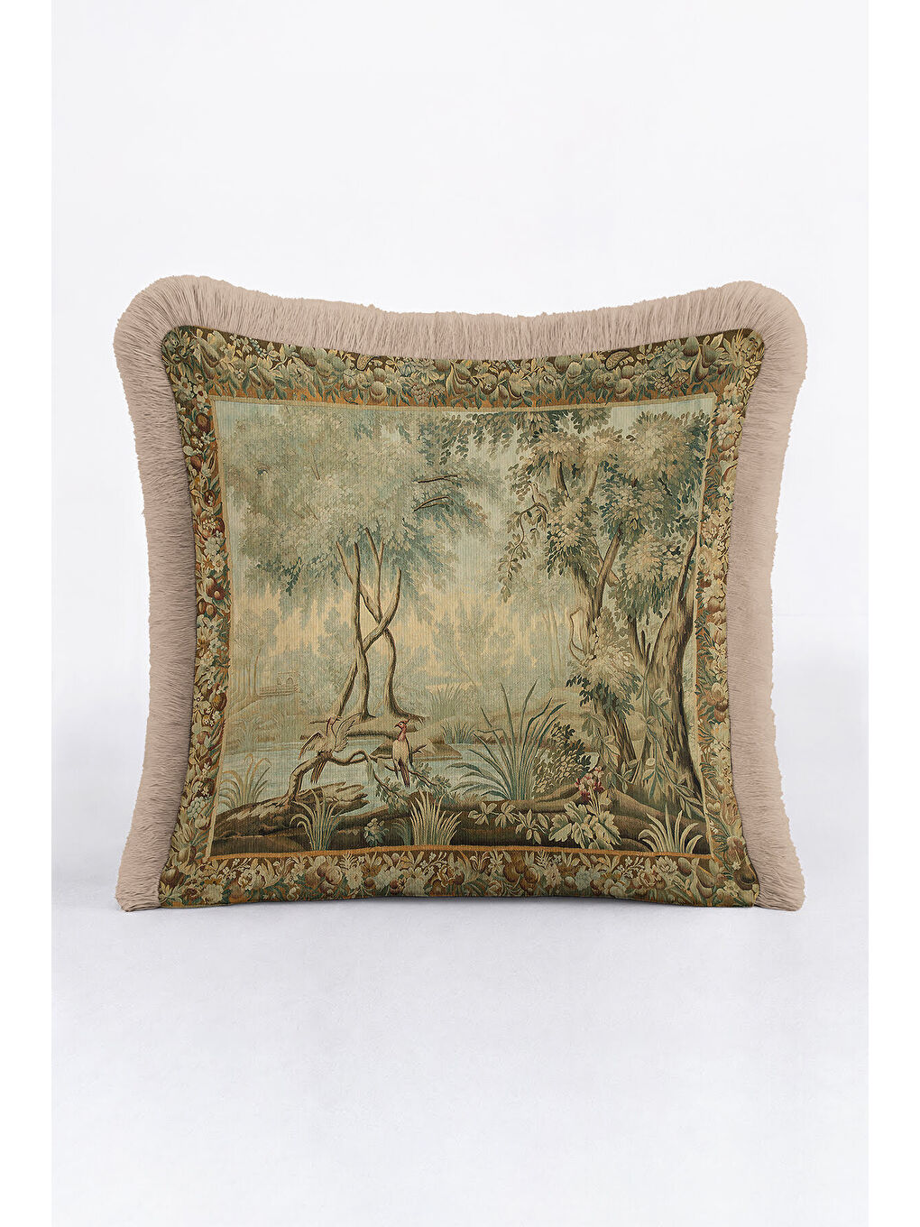 Karışık Lüks Vintage Doğal Manzara Saçaklı Yastık Kılıfı - Klasik Country Bej Yeşil Püsküllü Kırlent Kılıfı